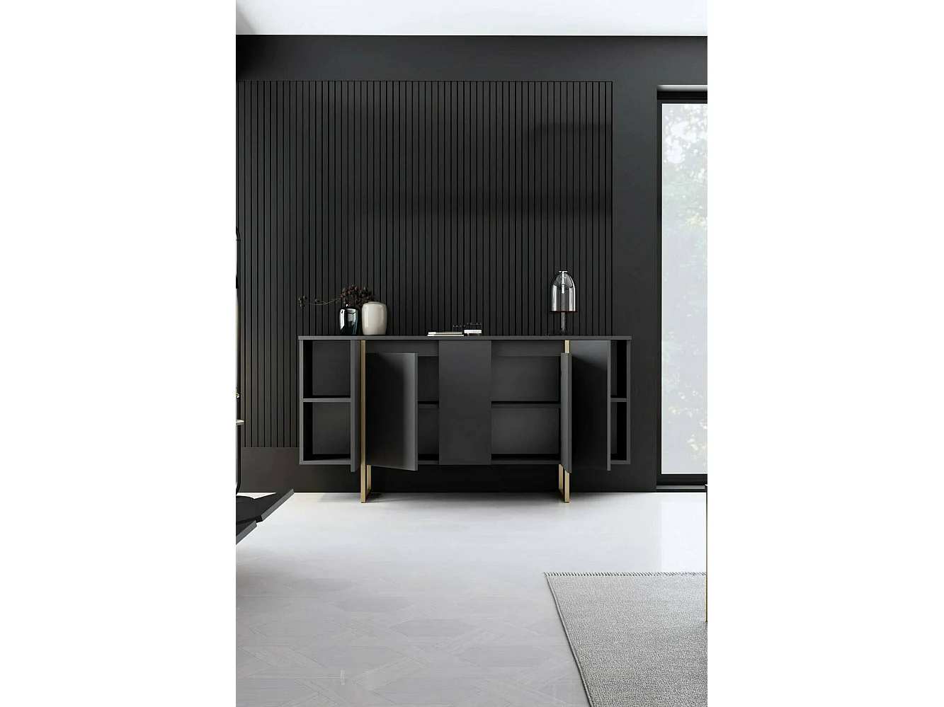 Buffet Betel, Buffet du salon, Commode de salon, Garde-manger de cuisine, 160x35h80 cm, Noyer et Or