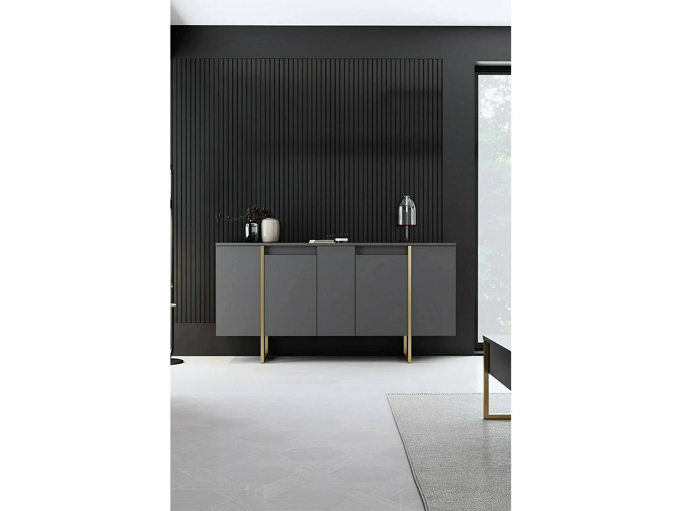 Buffet Betel, Buffet du salon, Commode de salon, Garde-manger de cuisine, 160x35h80 cm, Noyer et Or