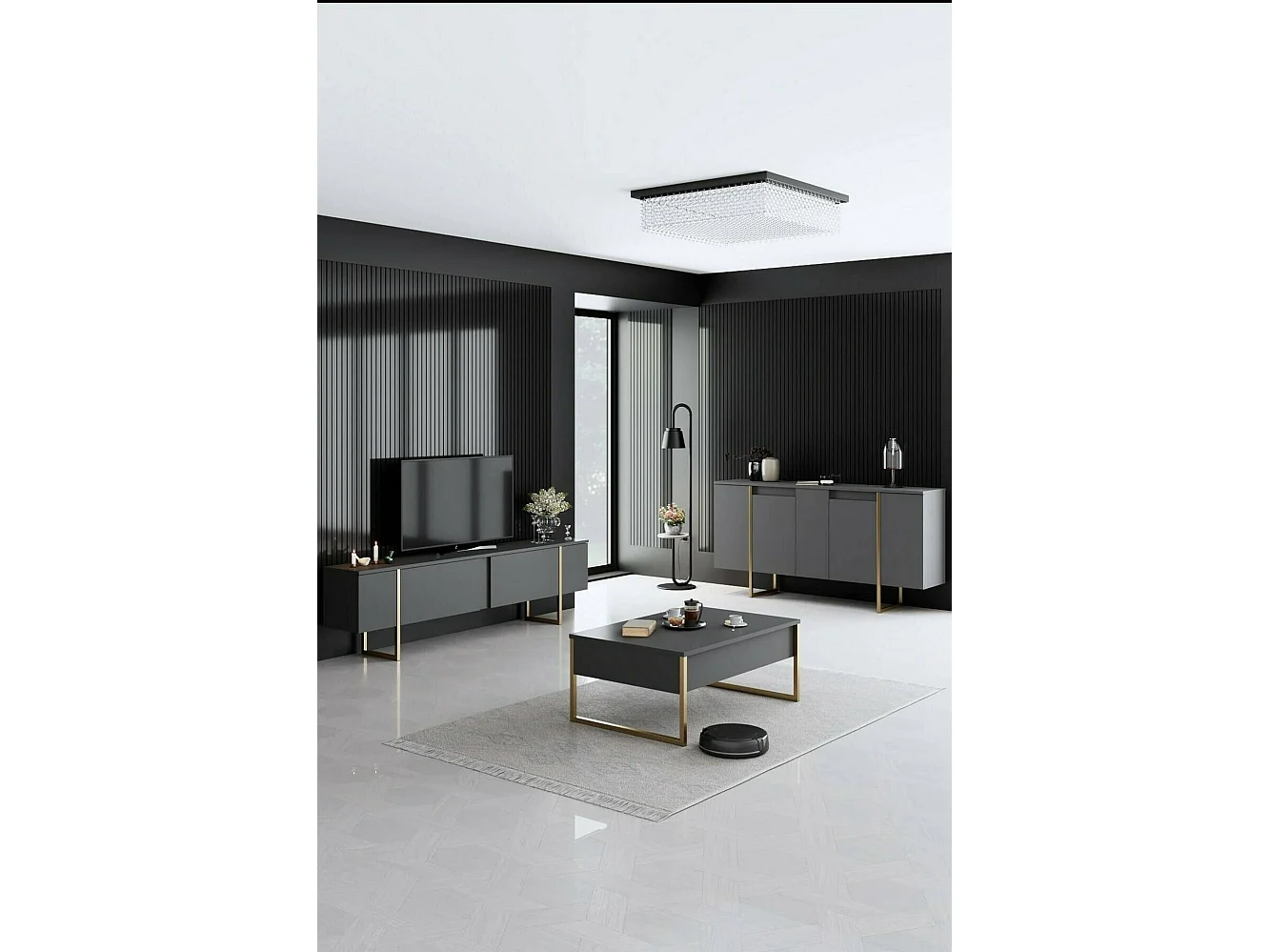Buffet Betel, Buffet du salon, Commode de salon, Garde-manger de cuisine, 160x35h80 cm, Noyer et Or