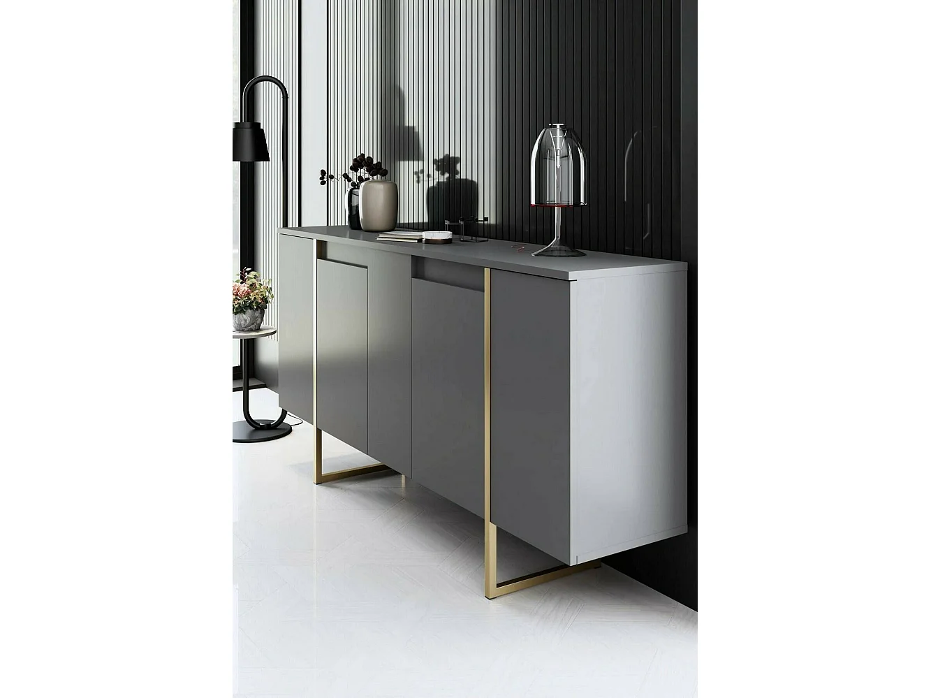 Buffet Betel, Buffet du salon, Commode de salon, Garde-manger de cuisine, 160x35h80 cm, Noyer et Or