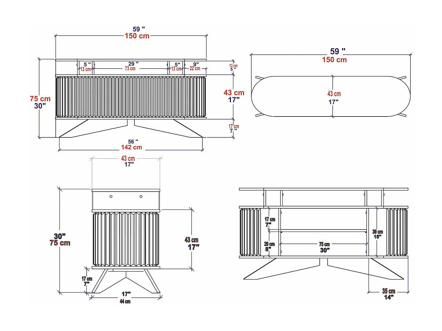 Aparador Dpoluzz, Bufé de salón, Aparador de salón, Despensa de cocina, 150x43h75 cm, Roble y Blanco