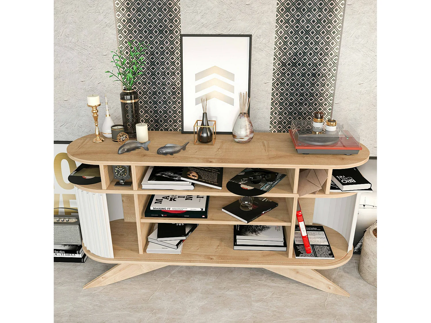 Aparador Dpoluzz, Bufé de salón, Aparador de salón, Despensa de cocina, 150x43h75 cm, Roble y Blanco