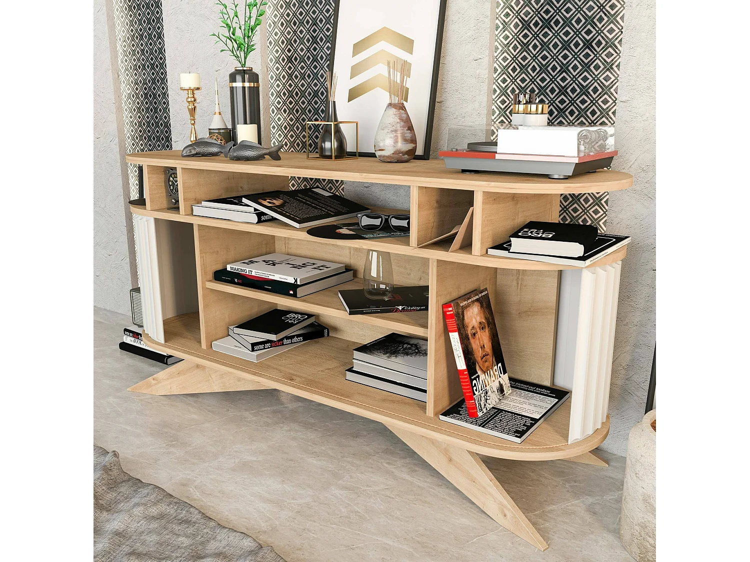 Dpoluzz dressoir, buffet, woonkamer, keukenkast, 150x43h75 cm, eiken en wit