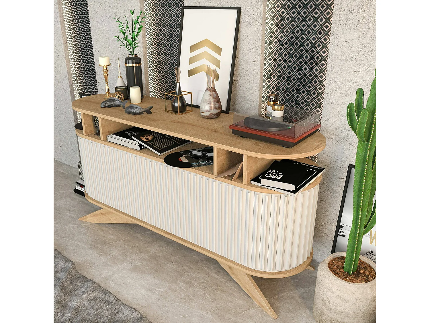 Dpoluzz dressoir, buffet, woonkamer, keukenkast, 150x43h75 cm, eiken en wit