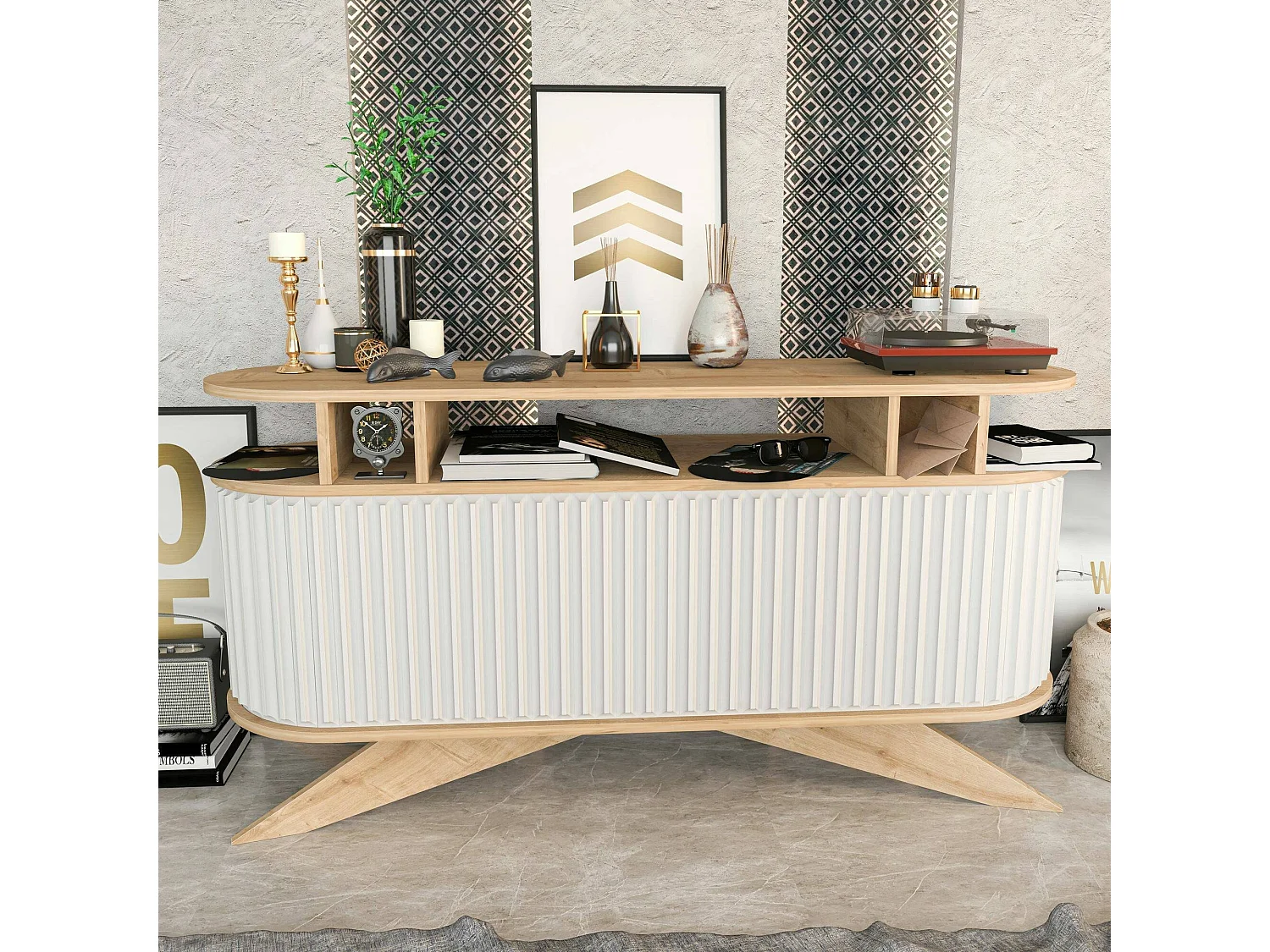 Dpoluzz dressoir, buffet, woonkamer, keukenkast, 150x43h75 cm, eiken en wit