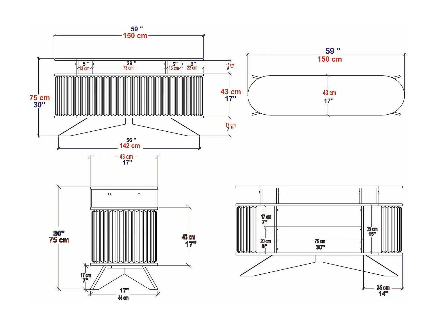 Credenza Joy, un Ripiano, 43x150x75h cm Bianco, Madia
