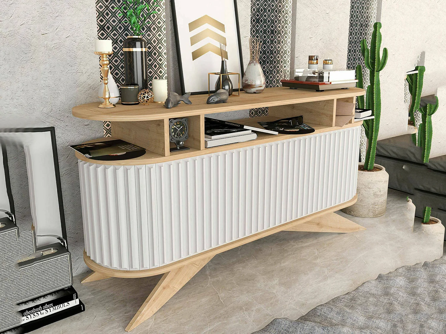 Aparador Dpoluzz, Buffet de sala, Madia de sala, Despensa de cozinha, 150x43h75 cm, Carvalho e Branco