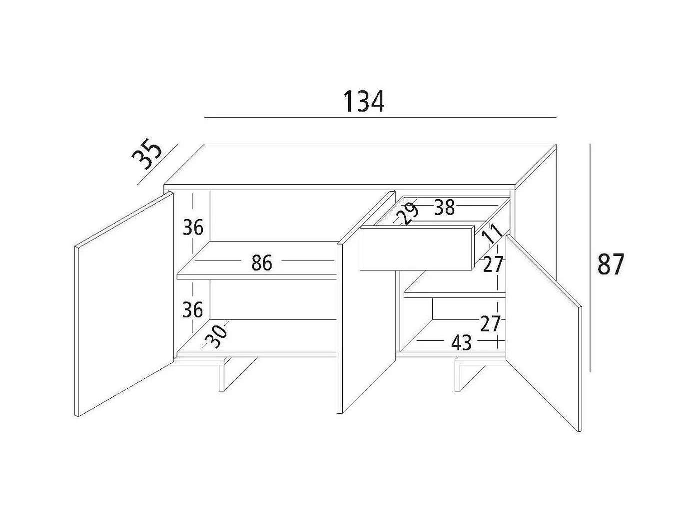 Aparador Dbakayok, Aparador de salón, Buffet de salón con 3 puertas y 1 cajón, 100% Made in Italy, 134x35h87 cm, Marrón y Nogal