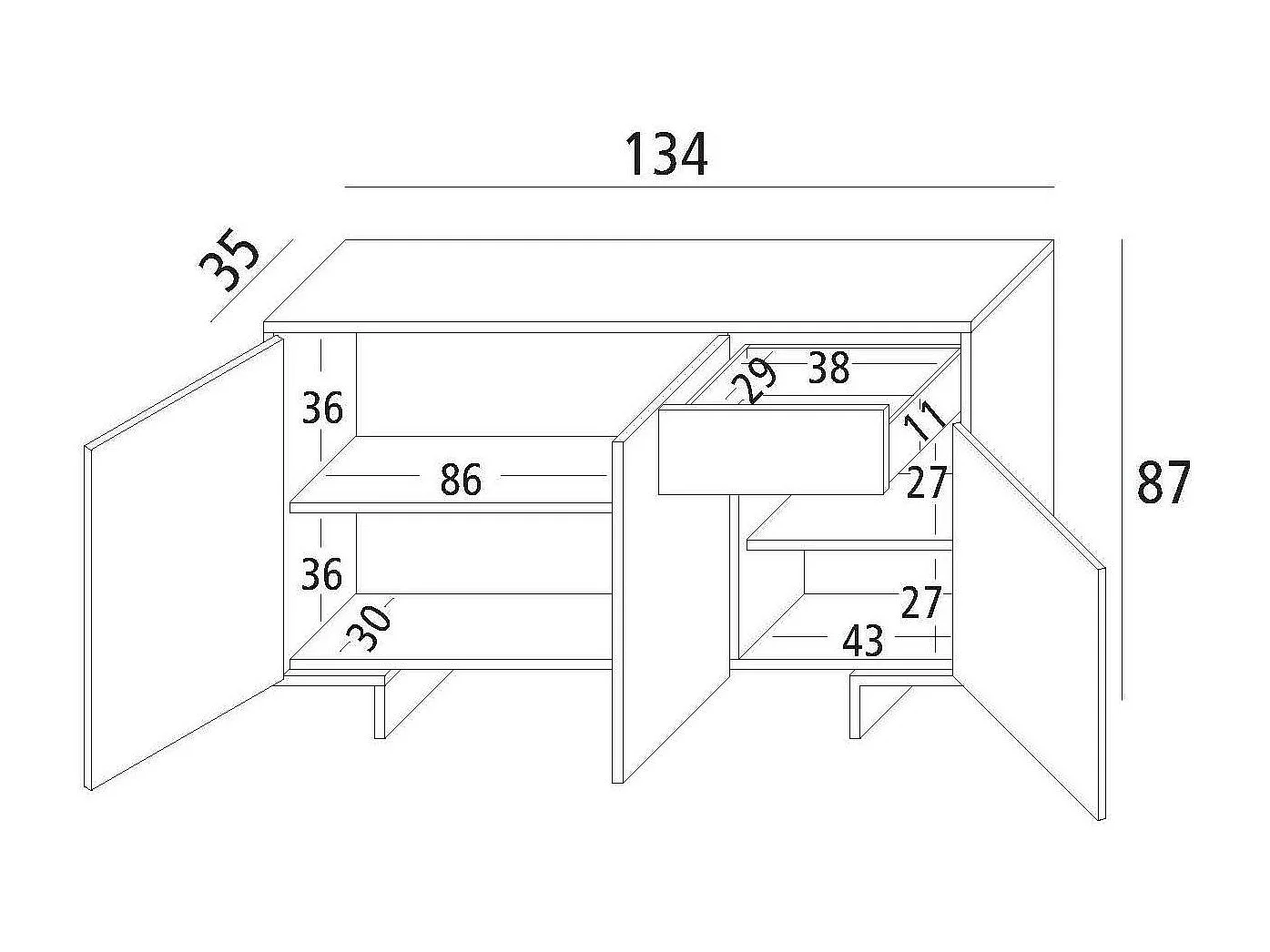 Aparador Dbakayok, Madia de sala de estar, Buffet de sala com 3 portas e 1 gaveta, 100% Made in Italy, 134x35h87 cm, Castanho e Nogueira