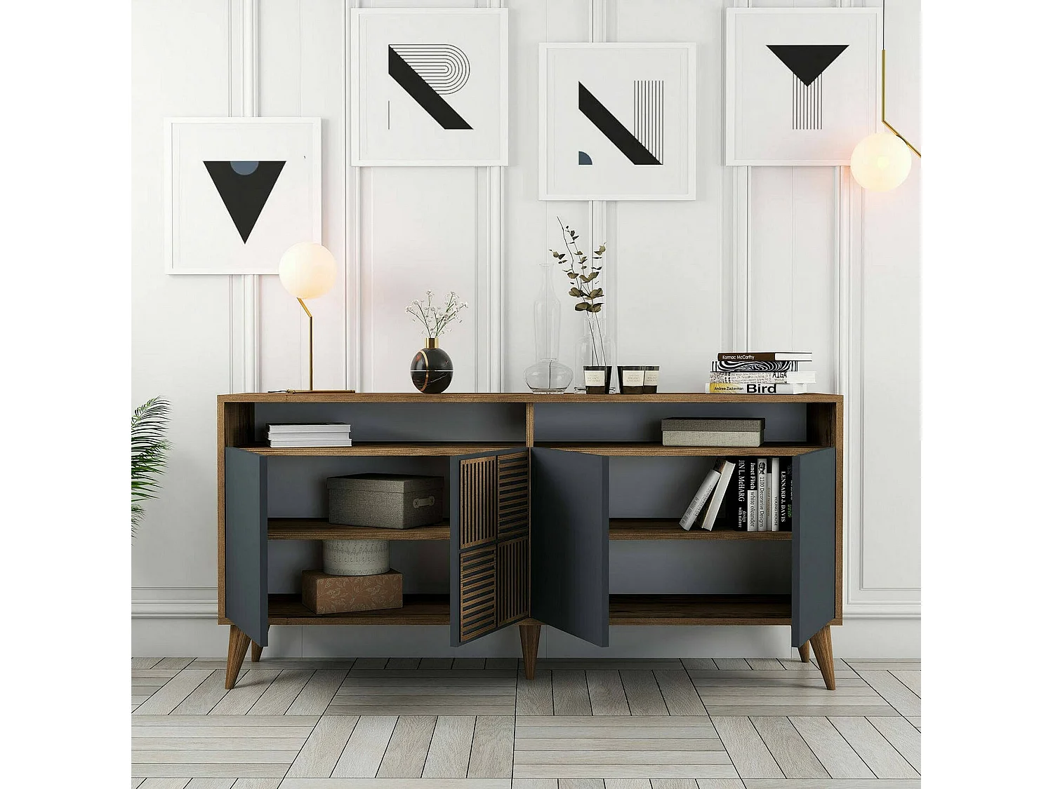 Buffet Scorpio, Buffet du salon, Commode de salon, Garde-manger de cuisine, 160x35h79 cm, Noyer et Anthracite