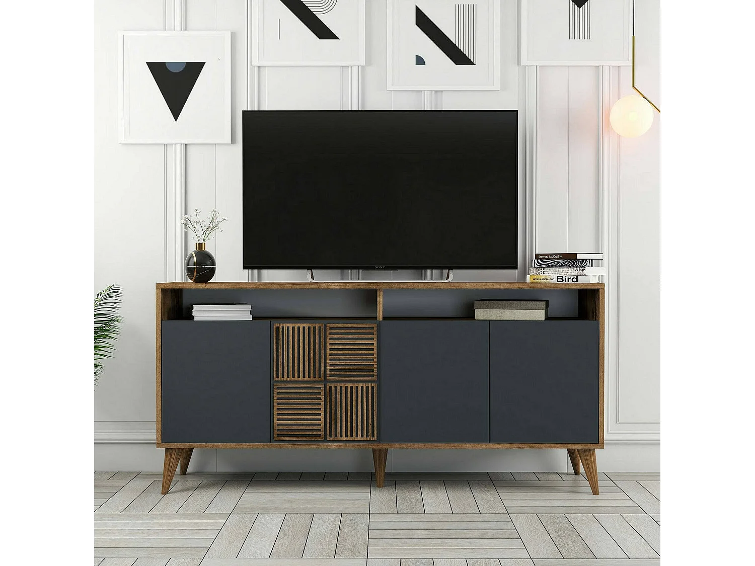 Dpiccion dressoir, BuffetWoonkamer, Woonkamer, Keukenkast, 160x35h79 cm, Walnoot en Antraciet