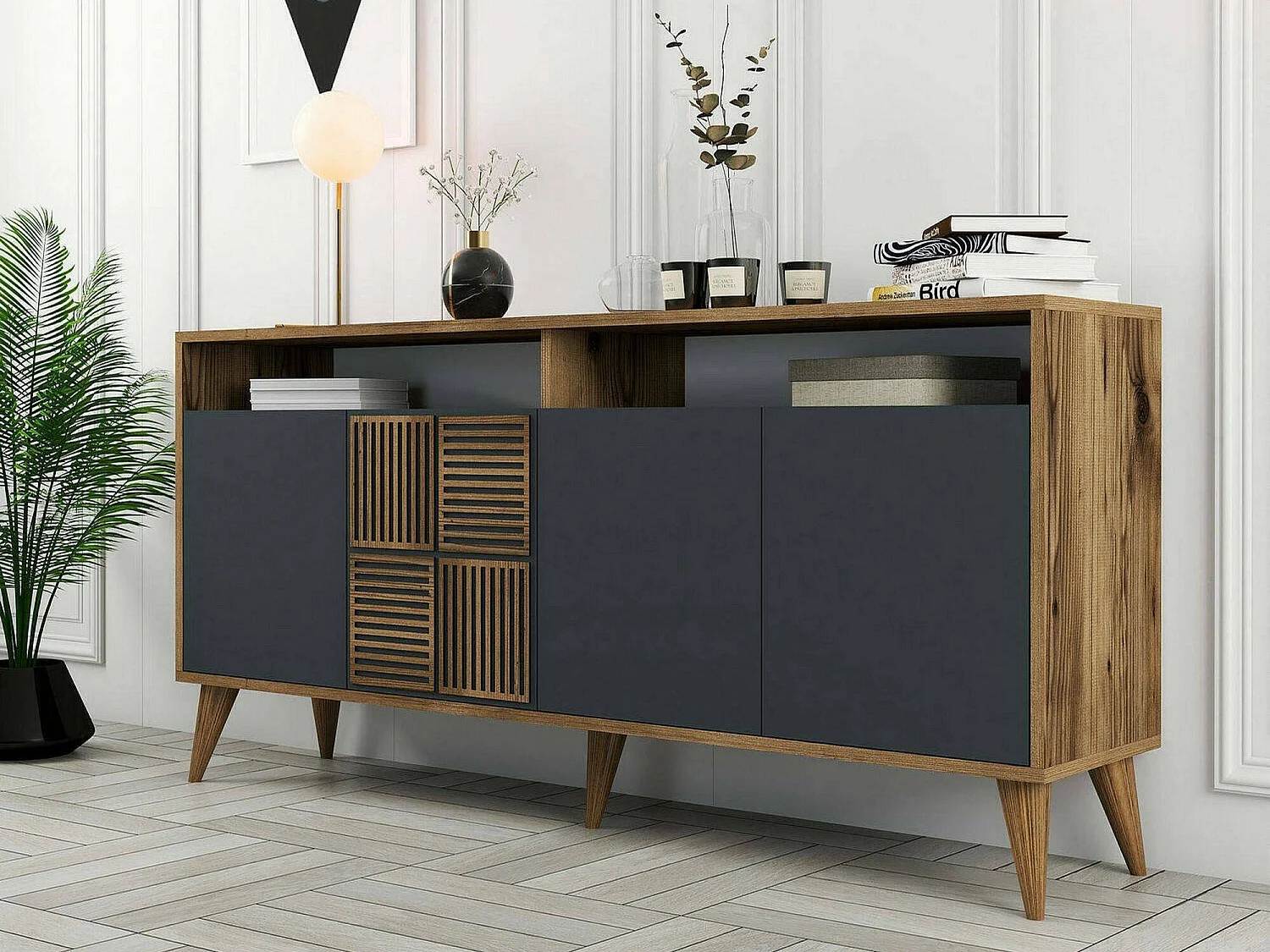 Credenza Garigliano, 2 Ripiani, 35x160x78.6h cm Nero Antracite, Madia