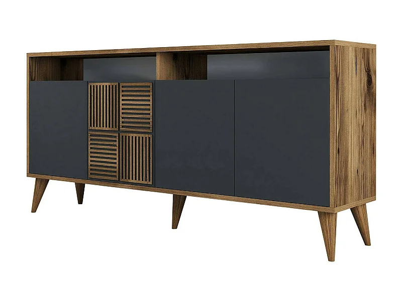 Buffet Scorpio, Buffet du salon, Commode de salon, Garde-manger de cuisine, 160x35h79 cm, Noyer et Anthracite