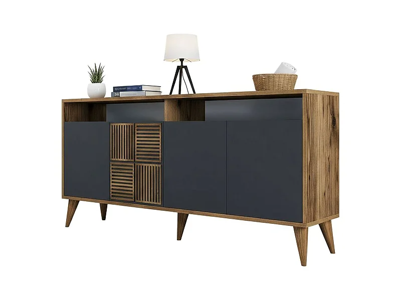 Buffet Scorpio, Buffet du salon, Commode de salon, Garde-manger de cuisine, 160x35h79 cm, Noyer et Anthracite