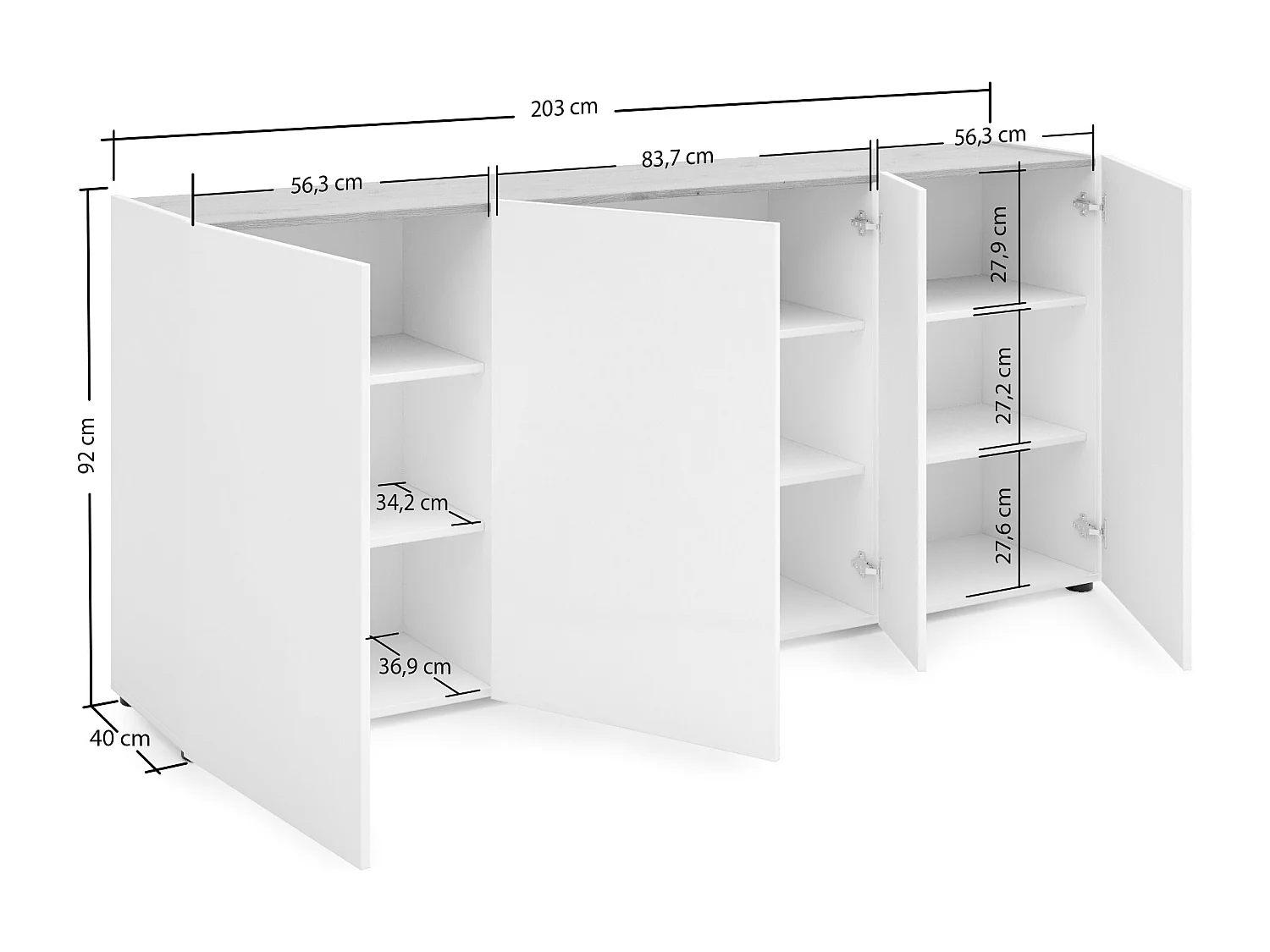 Buffet Ulundi, Buffet du salon, Commode de salon, Garde-manger de cuisine, Made in Italy, 203x40h92 cm, Blanc brillant et chêne