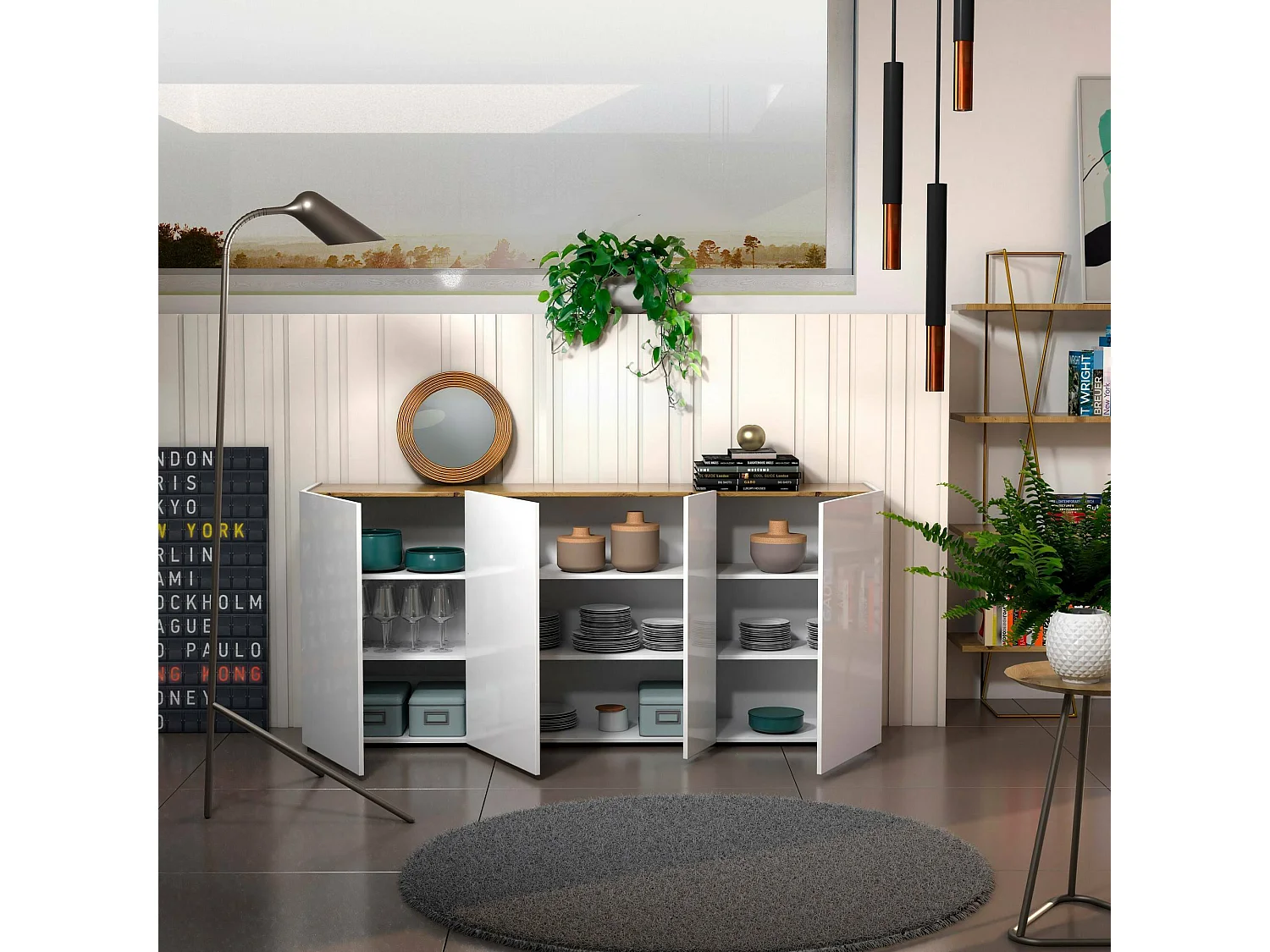 Dgasparin dressoir, buffet in de woonkamer, woonkamer, bijkastA, Made in Italy, 203x40h92 cm, glanzend wit en eiken