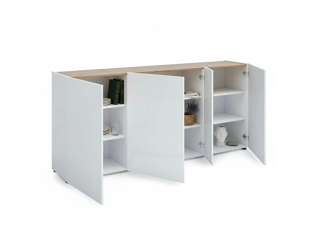 Aparador Dgasparin, Bufé de salón, Aparador de salón, Despensa de cocina, Made in Italy, 203x40h92 cm, Blanco brillante y Roble