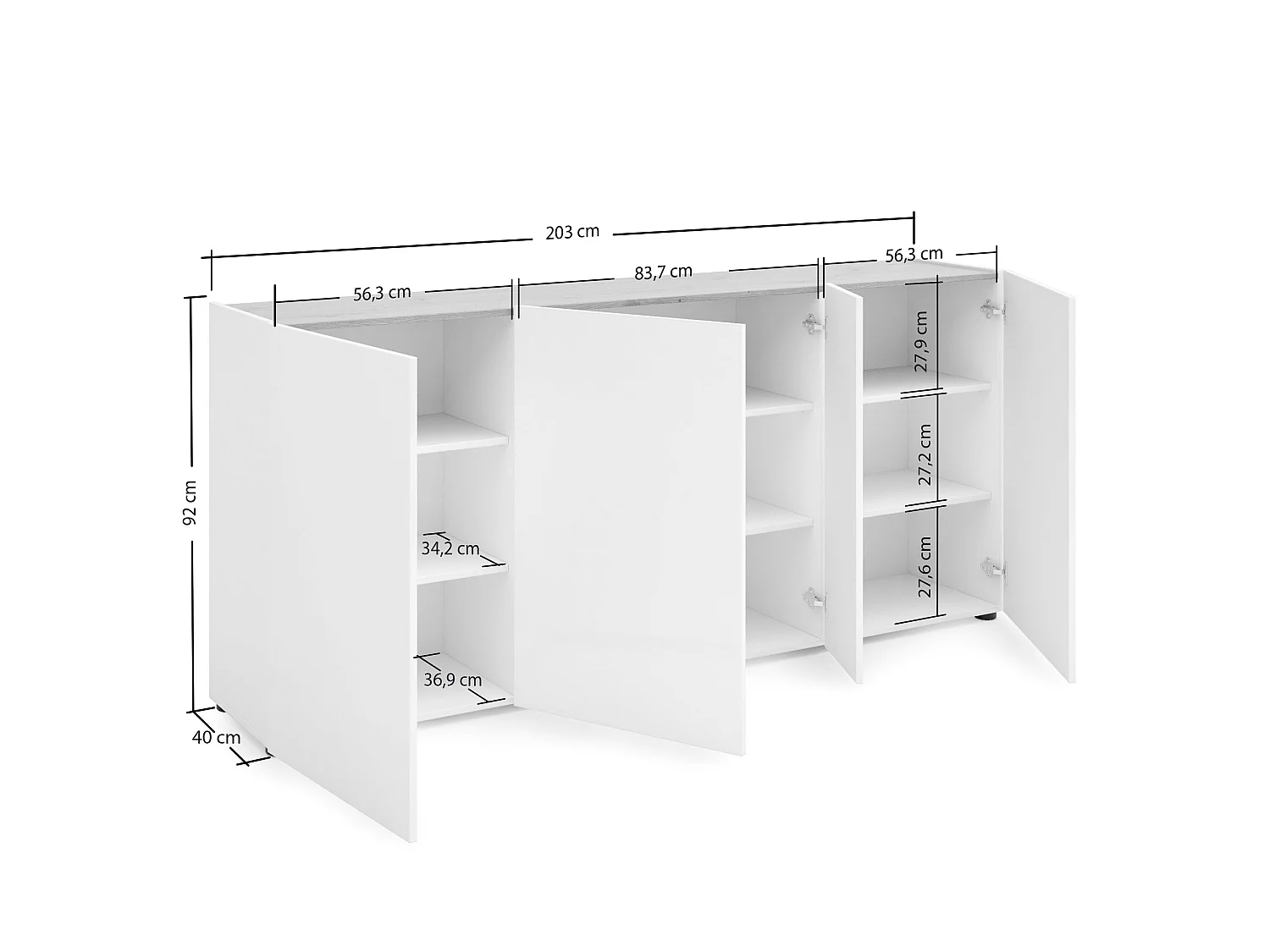 Aparador Dgasparin, Bufé de salón, Aparador de salón, Despensa de cocina, Made in Italy, 203x40h92 cm, Blanco brillante y Roble