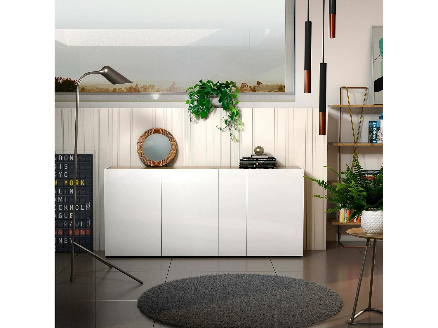 Aparador Dgasparin, Bufé de salón, Aparador de salón, Despensa de cocina, Made in Italy, 203x40h92 cm, Blanco brillante y Roble