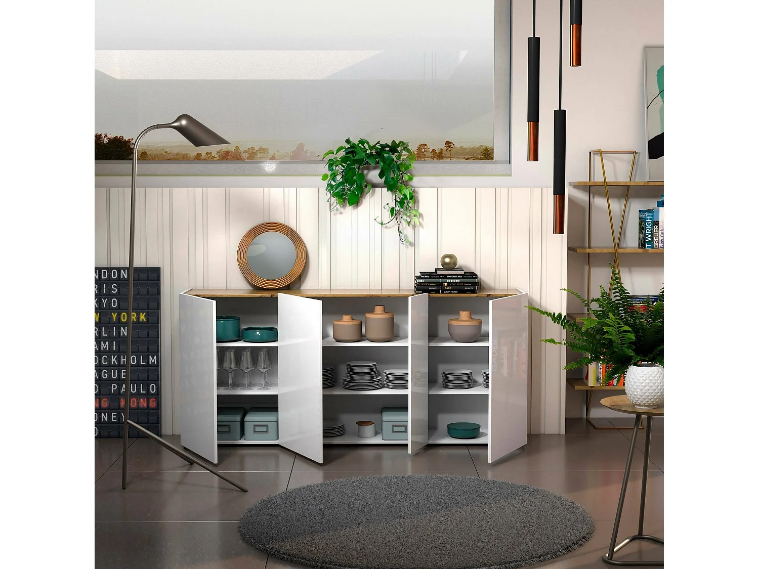 Aparador Dgasparin, Bufé de salón, Aparador de salón, Despensa de cocina, Made in Italy, 203x40h92 cm, Blanco brillante y Roble