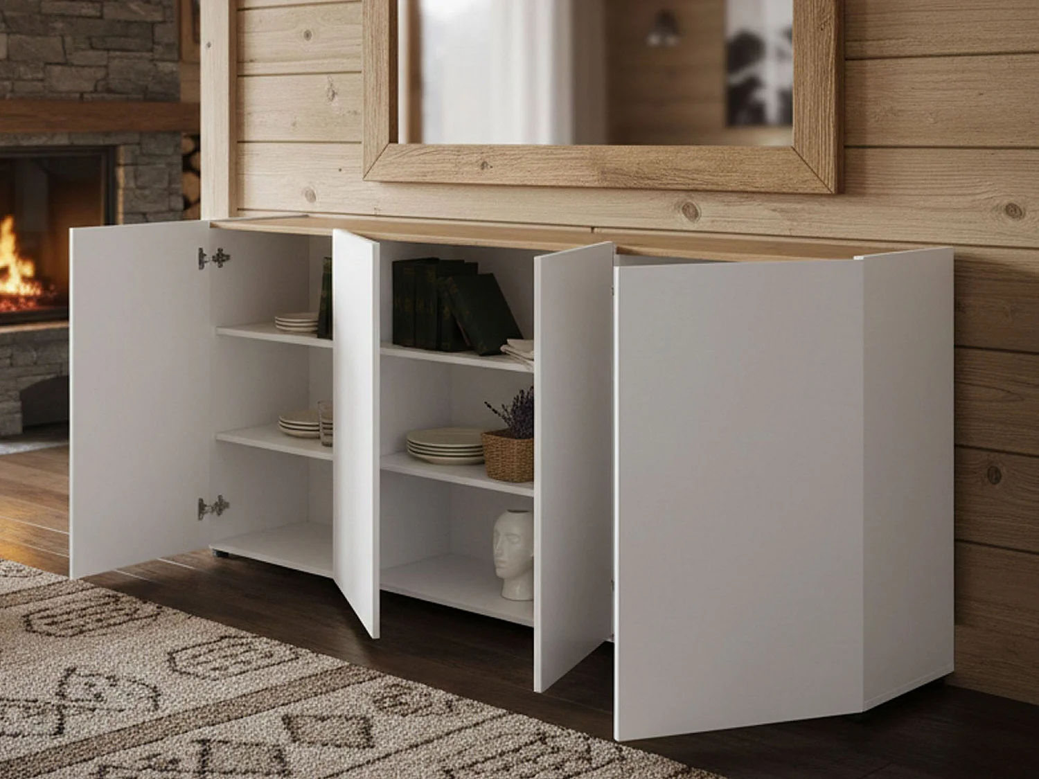 Aparador Dgasparin, Bufé de salón, Aparador de salón, Despensa de cocina, Made in Italy, 203x40h92 cm, Blanco brillante y Roble