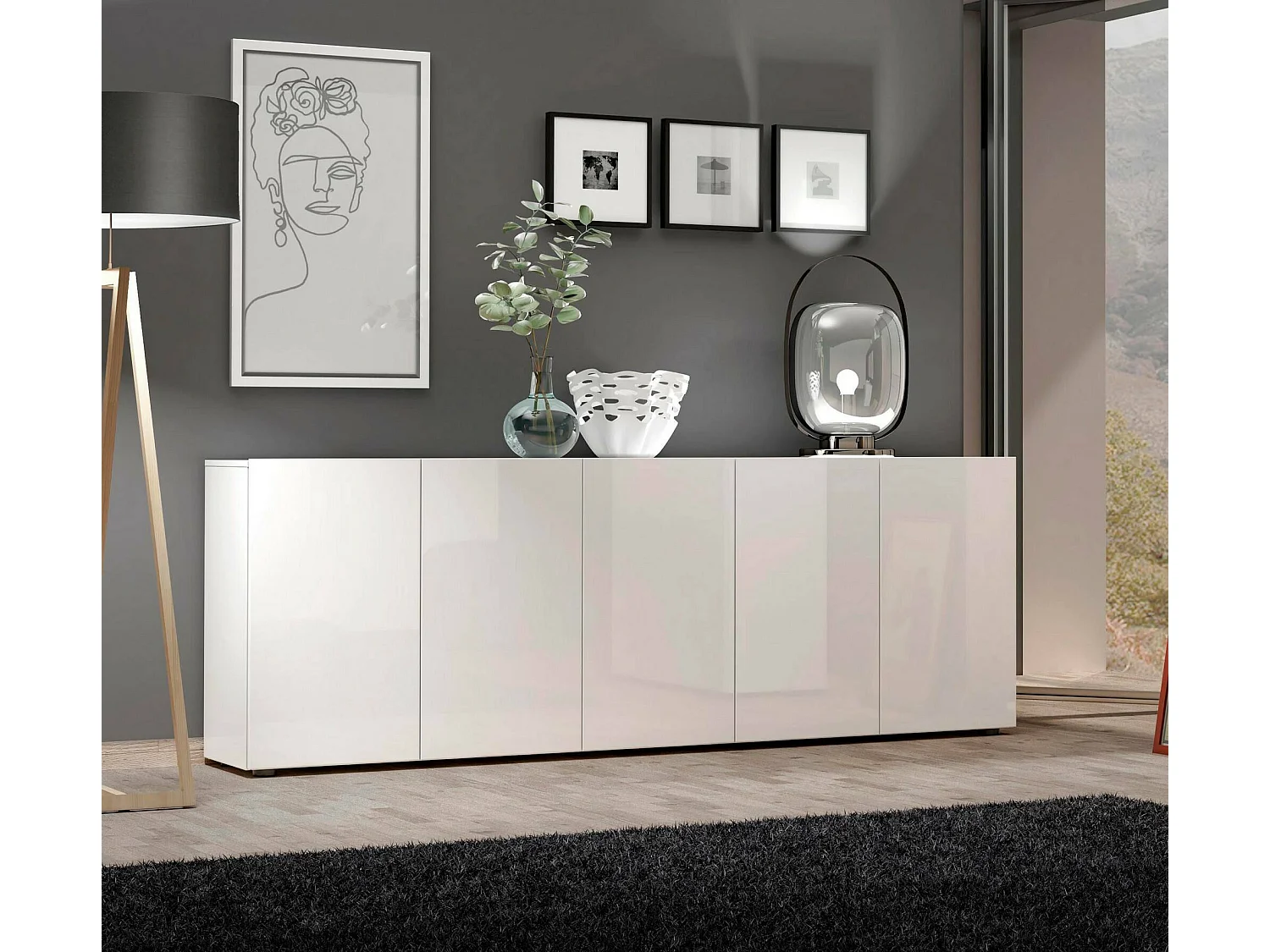Kommode Dficcadent, Wohnzimmerbuffet, Wohnzimmer-Sideboard, Moderne Küchen-Speisekammer, Made in Italy, 225x38h79 cm, Glänzendes Weiß