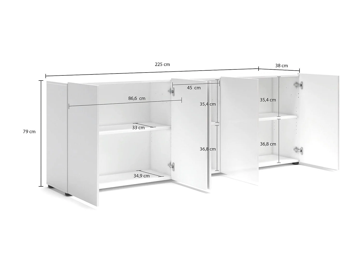 Aparador Dficcadent, Buffet de sala, Madia de sala, Despensa de cozinha, Made in Italy, 225x38h79 cm, Branco brilhante