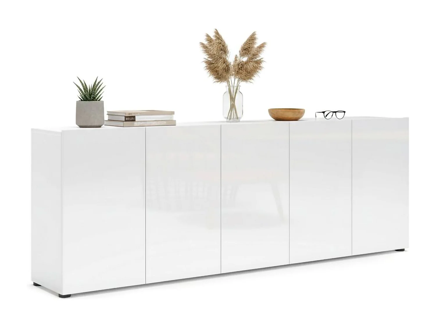 Buffet Komani, Buffet du salon, Commode de salon, Garde-manger de cuisine, Made in Italy, 225x38h79 cm, Blanc brillant