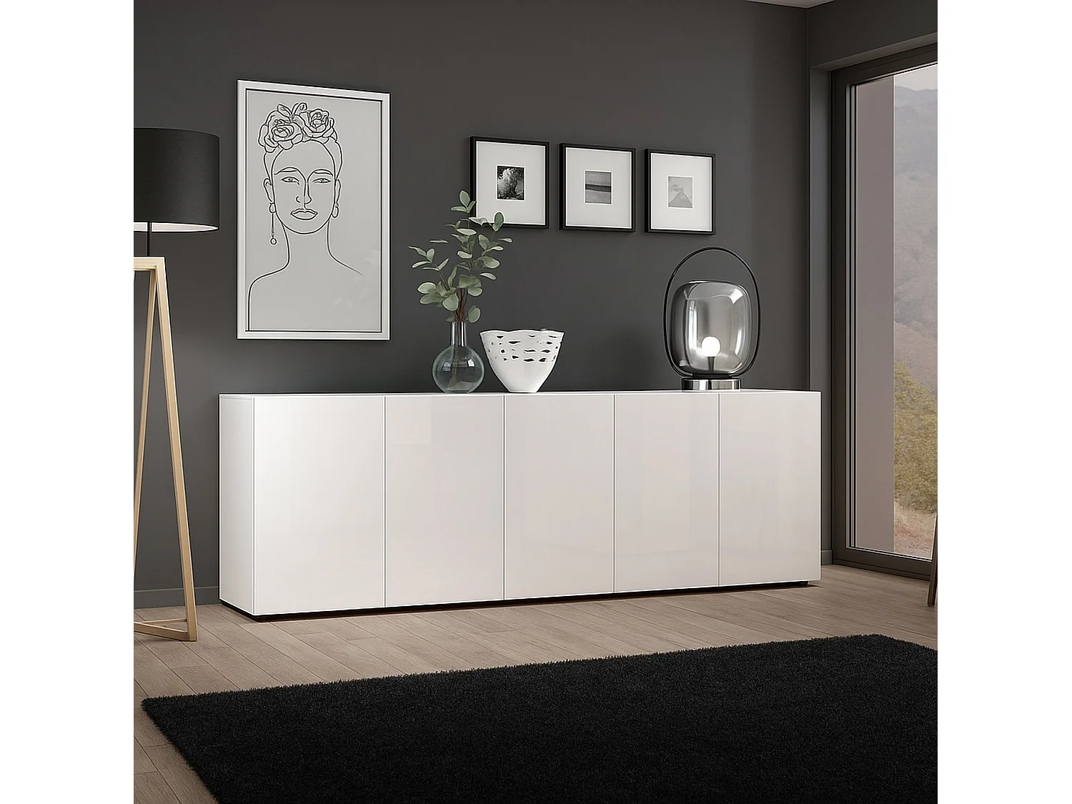 Buffet Komani, Buffet du salon, Commode de salon, Garde-manger de cuisine, Made in Italy, 225x38h79 cm, Blanc brillant