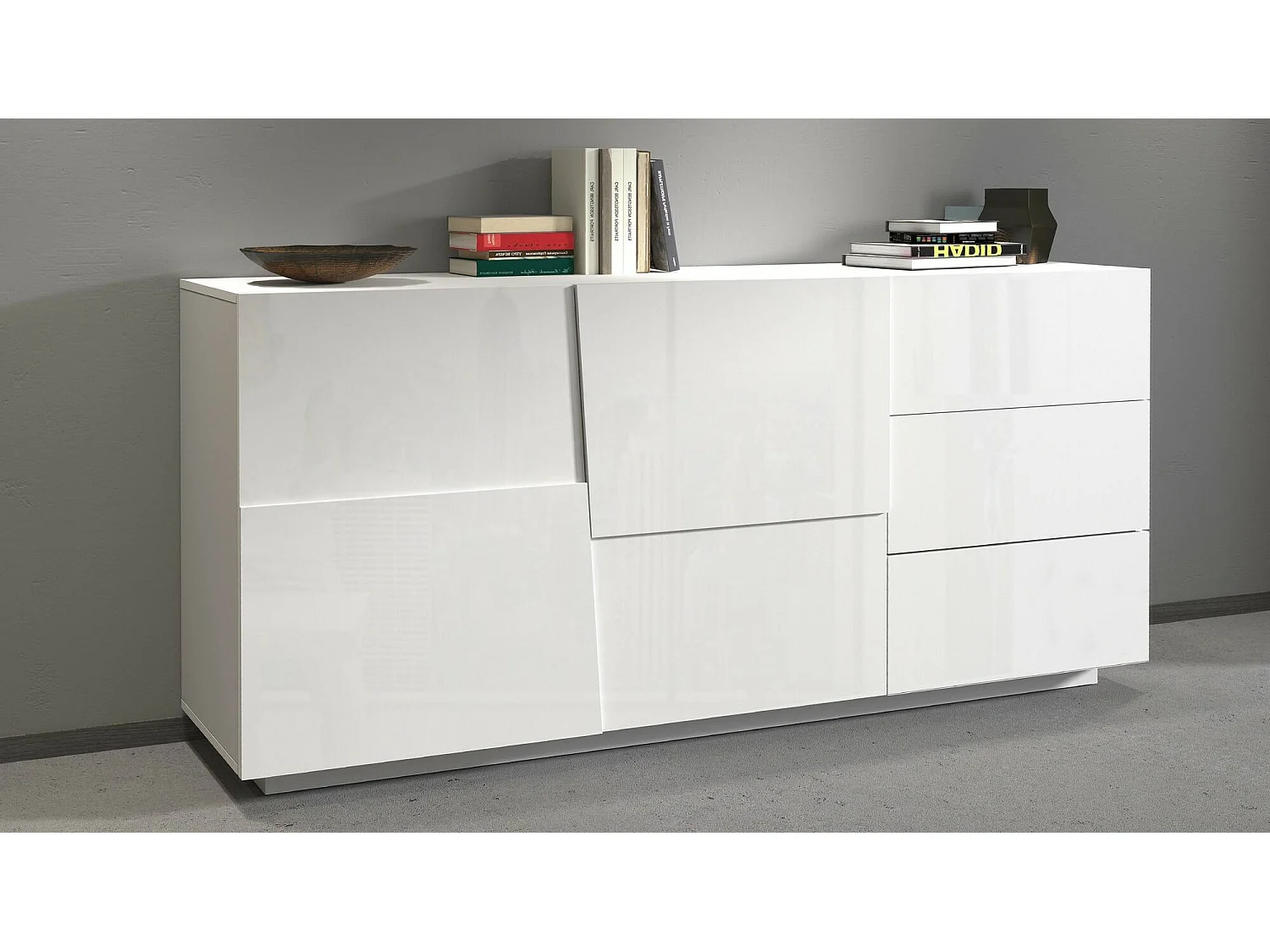 Buffet Xavier, Buffet de salon, Buffet de salon avec 2 portes et 3 tiroirs, 180x44h86 cm, Blanc brillant