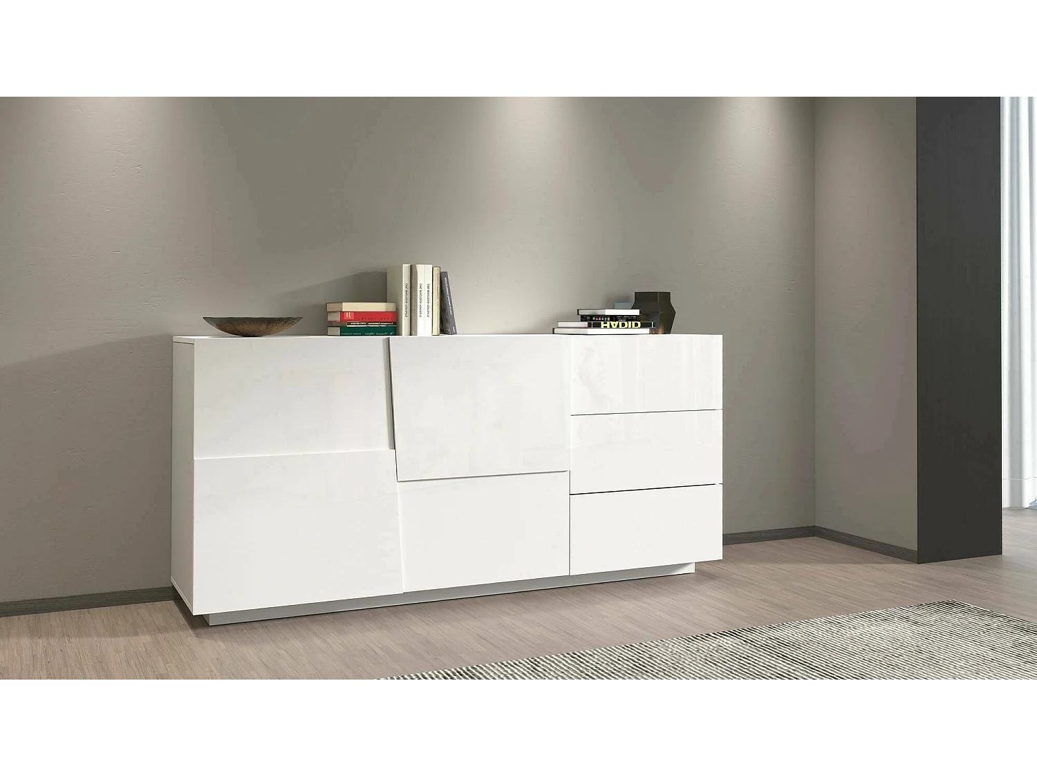 Buffet Xavier, Buffet de salon, Buffet de salon avec 2 portes et 3 tiroirs, 180x44h86 cm, Blanc brillant