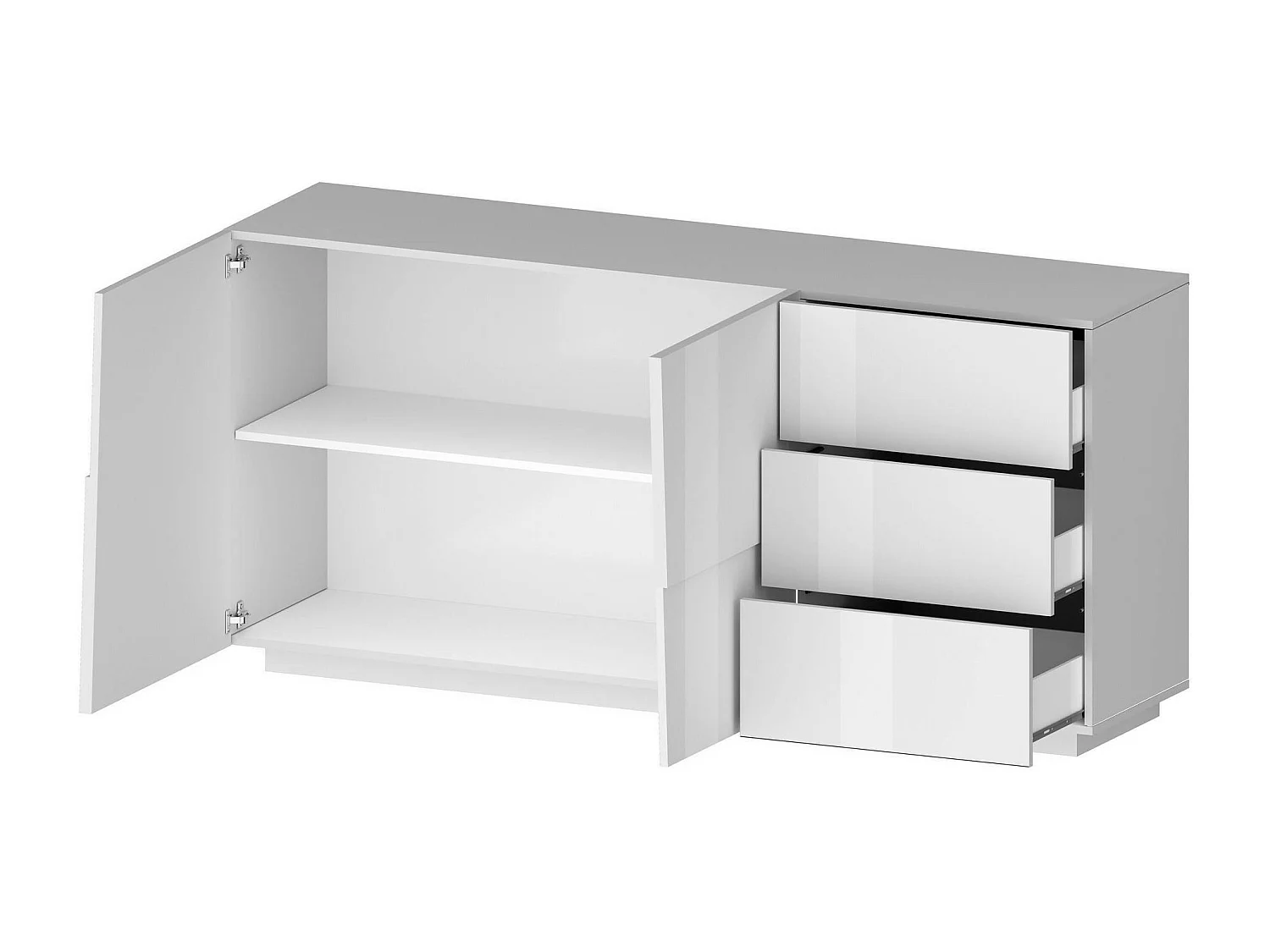 Buffet Xavier, Buffet de salon, Buffet de salon avec 2 portes et 3 tiroirs, 180x44h86 cm, Blanc brillant