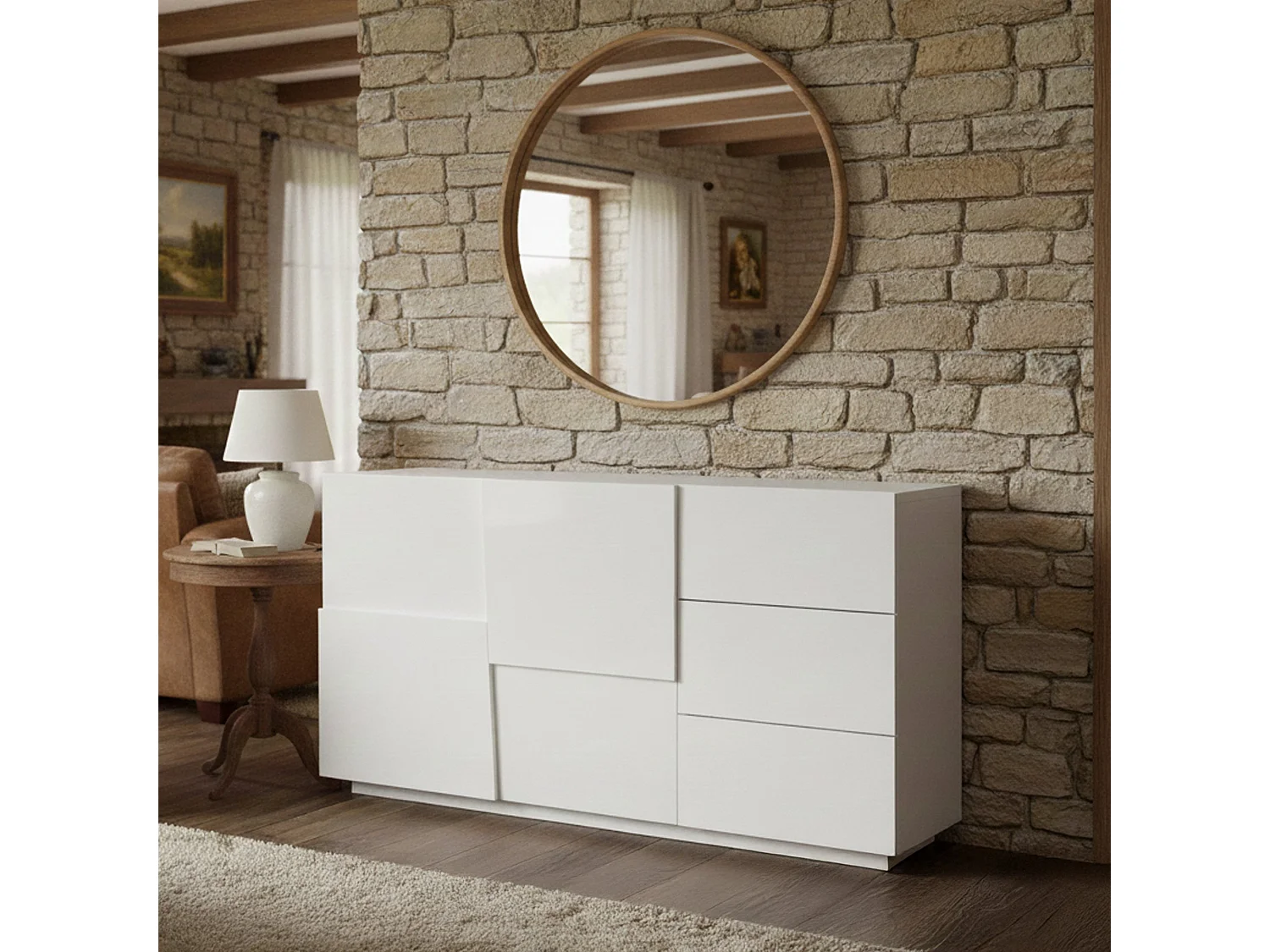 Buffet Xavier, Buffet de salon, Buffet de salon avec 2 portes et 3 tiroirs, 180x44h86 cm, Blanc brillant