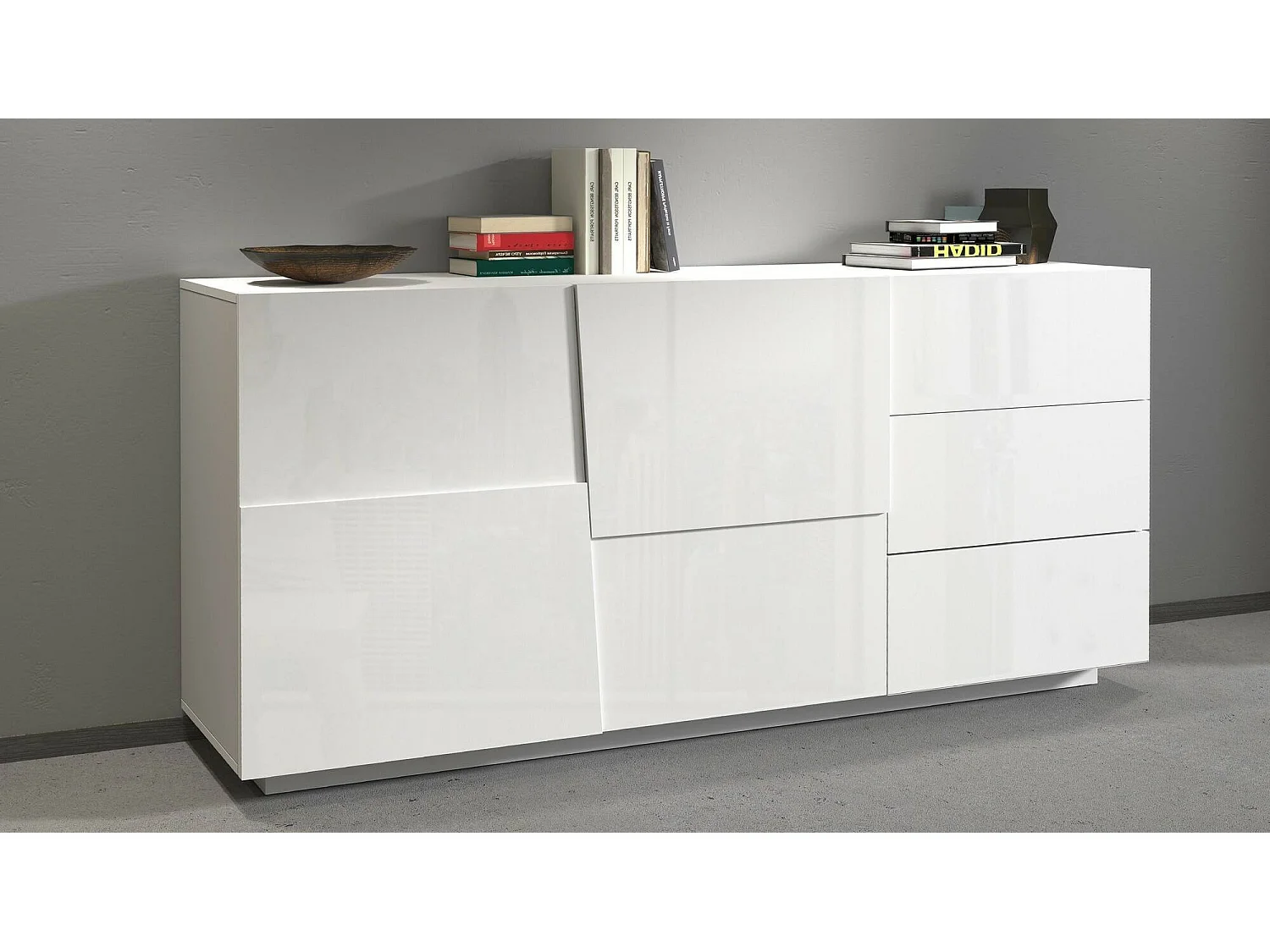 Buffet Xavier, Buffet de salon, Buffet de salon avec 2 portes et 3 tiroirs, 180x44h86 cm, Blanc brillant