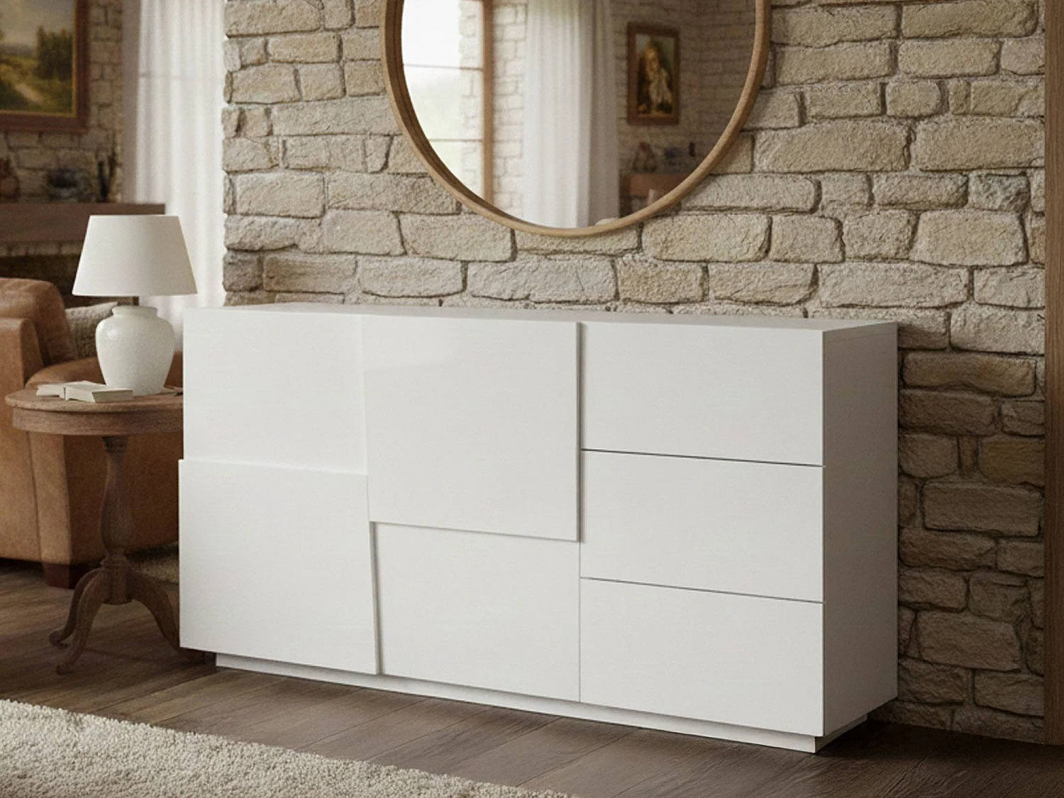 Buffet Xavier, Buffet de salon, Buffet de salon avec 2 portes et 3 tiroirs, 180x44h86 cm, Blanc brillant