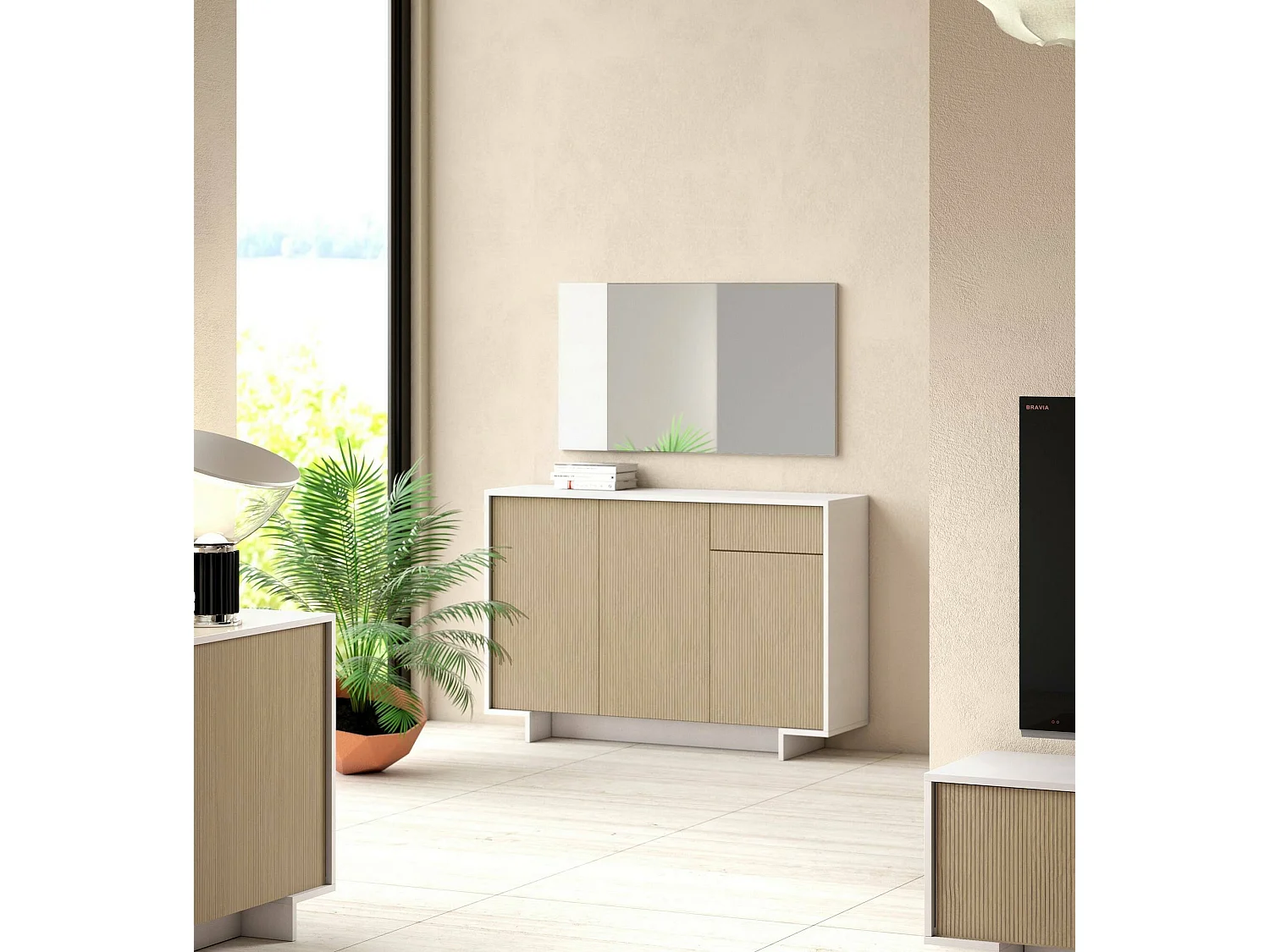 Dbakayok dressoir, woonkamermadia, buffet met 3 deuren en 1 lade, 100% Made in Italy, 134x35h87 cm, Wit en Beige