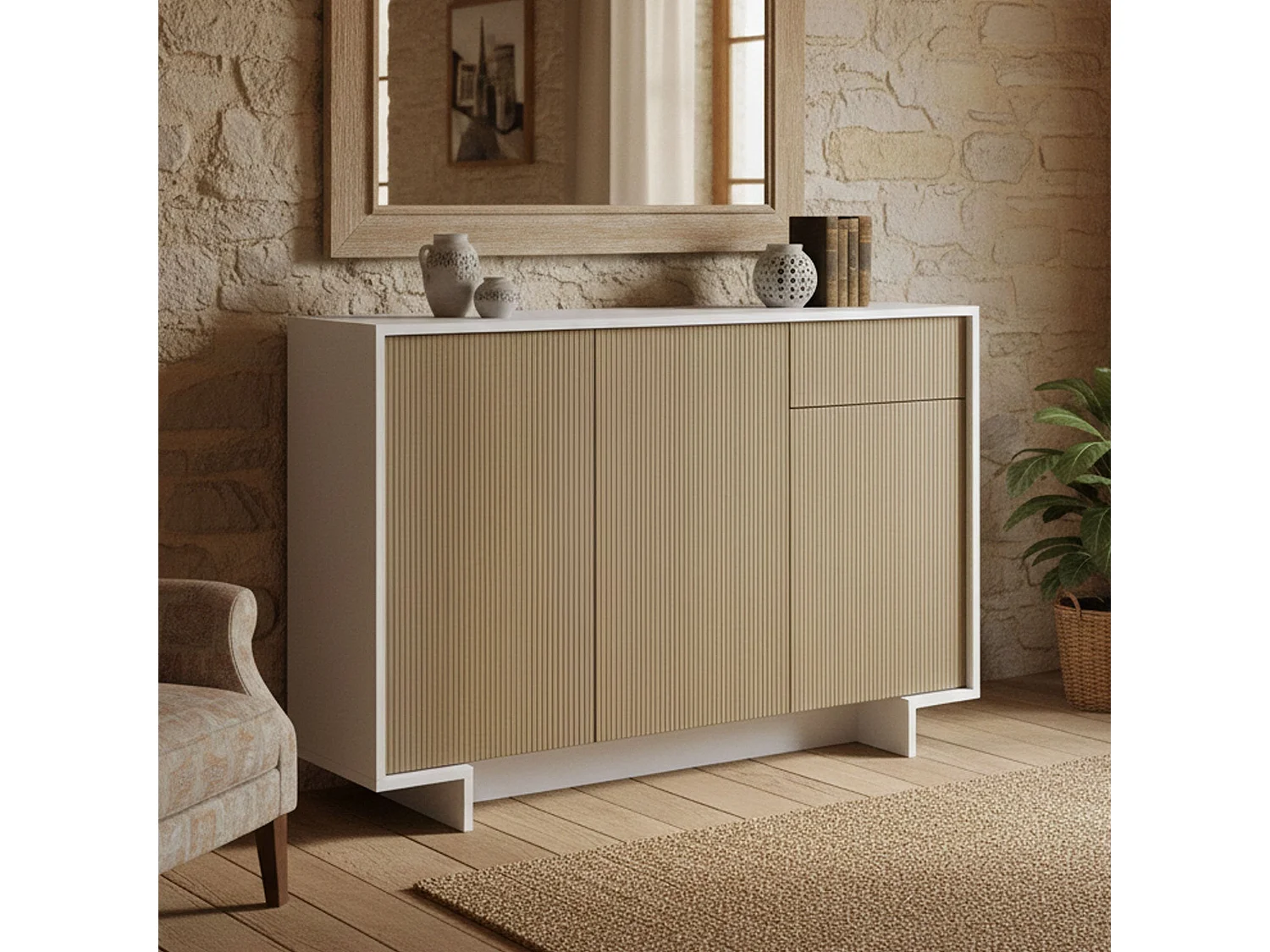Buffet Aneto, Buffet de salon, Buffet de salon avec 3 portes et 1 tiroir, 100% Made in Italy, 134x35h87 cm, Blanc et Beige