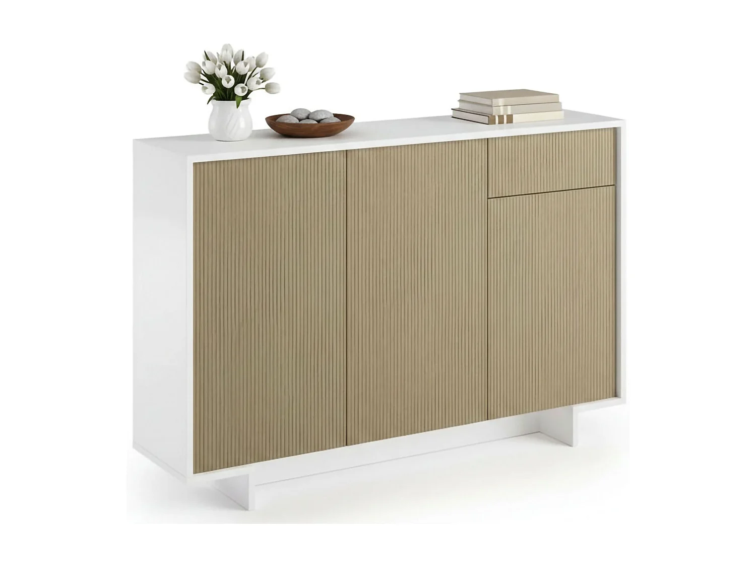 Buffet Aneto, Buffet de salon, Buffet de salon avec 3 portes et 1 tiroir, 100% Made in Italy, 134x35h87 cm, Blanc et Beige