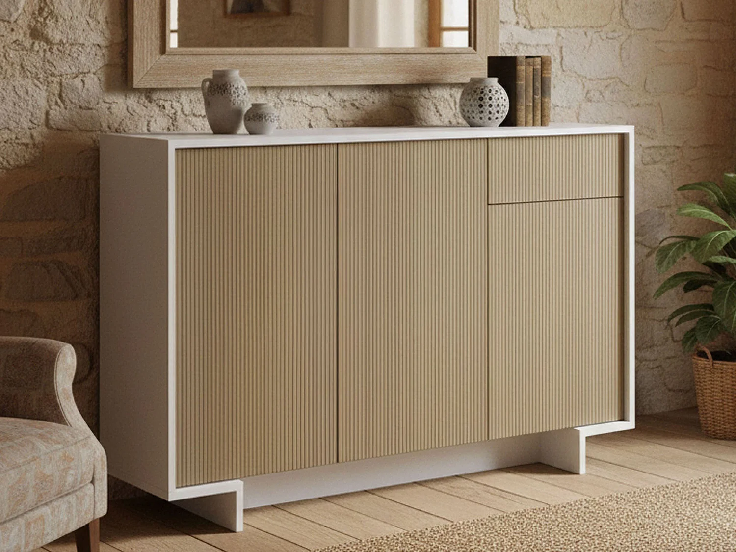 Buffet Aneto, Buffet de salon, Buffet de salon avec 3 portes et 1 tiroir, 100% Made in Italy, 134x35h87 cm, Blanc et Beige