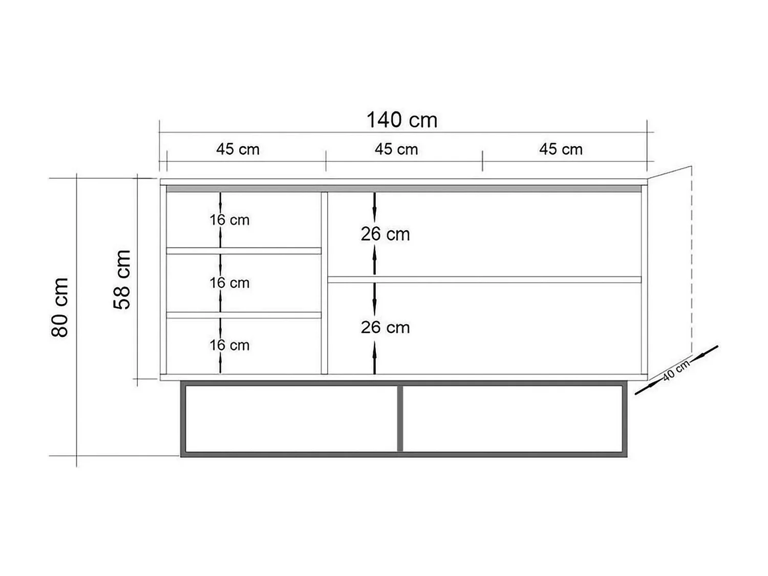 Drad Dressoir, Woonkamer Buffet, Woonkamer Eetkamer, Keuken Pantry, 140x40h80 cm, Eiken en Zwart