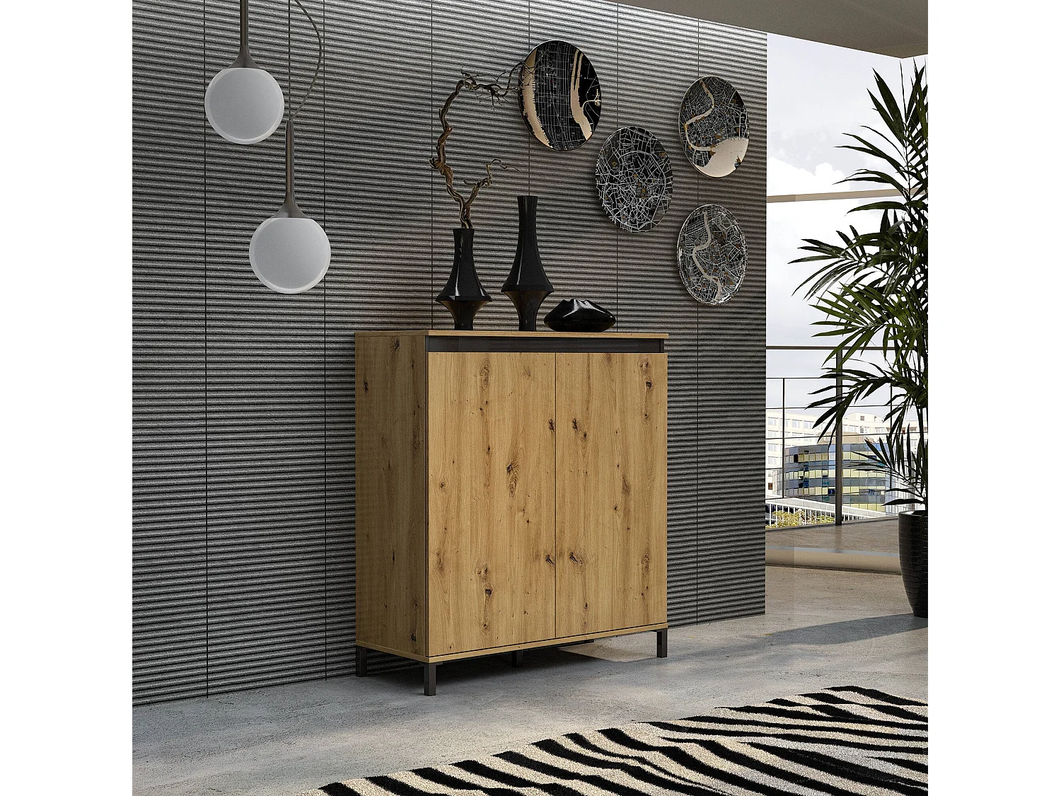 Buffet Giuba, Buffet du salon, Commode de salon, Garde-manger de cuisine, Made in Italy, 100x40h110 cm, Blanc brillant et anthracite