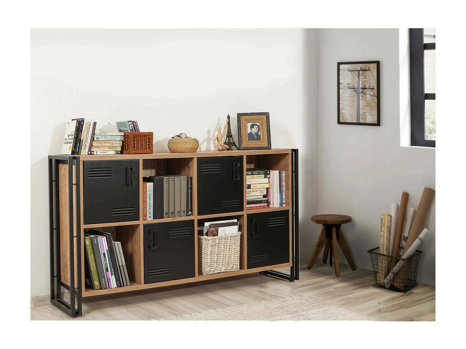 Buffet Altirk, Buffet du salon, Commode de salon, Garde-manger de cuisine, 164x35h89 cm, Chêne et Noir