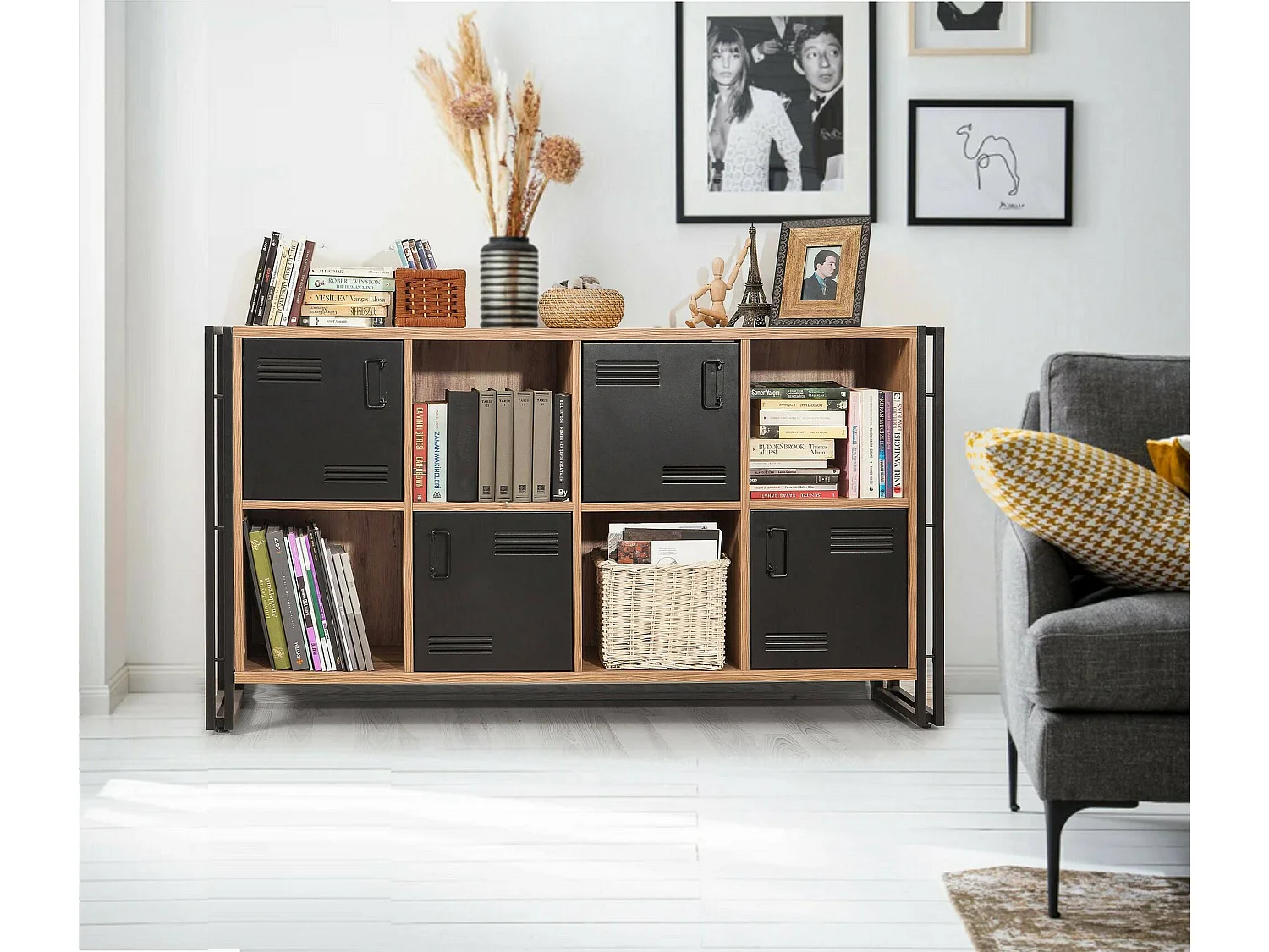 Buffet Altirk, Buffet du salon, Commode de salon, Garde-manger de cuisine, 164x35h89 cm, Chêne et Noir