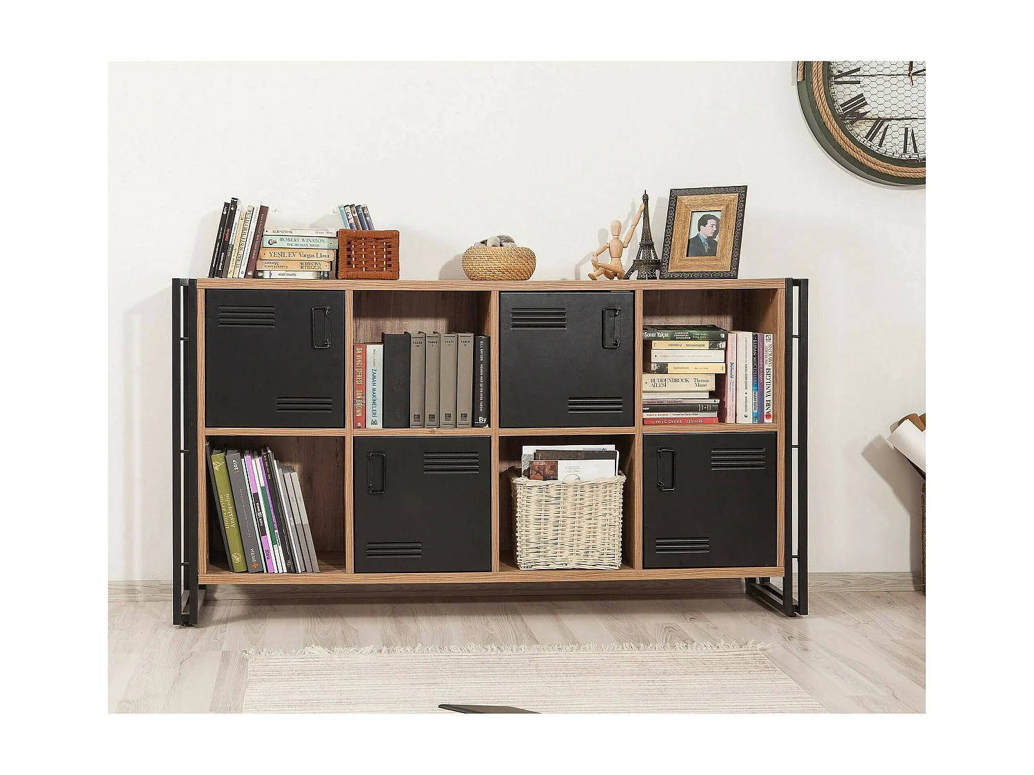 Buffet Altirk, Buffet du salon, Commode de salon, Garde-manger de cuisine, 164x35h89 cm, Chêne et Noir