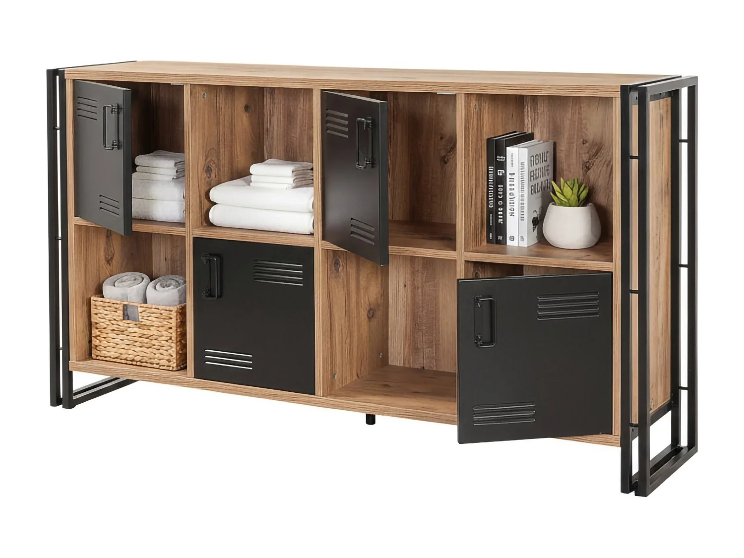 Buffet Altirk, Buffet du salon, Commode de salon, Garde-manger de cuisine, 164x35h89 cm, Chêne et Noir