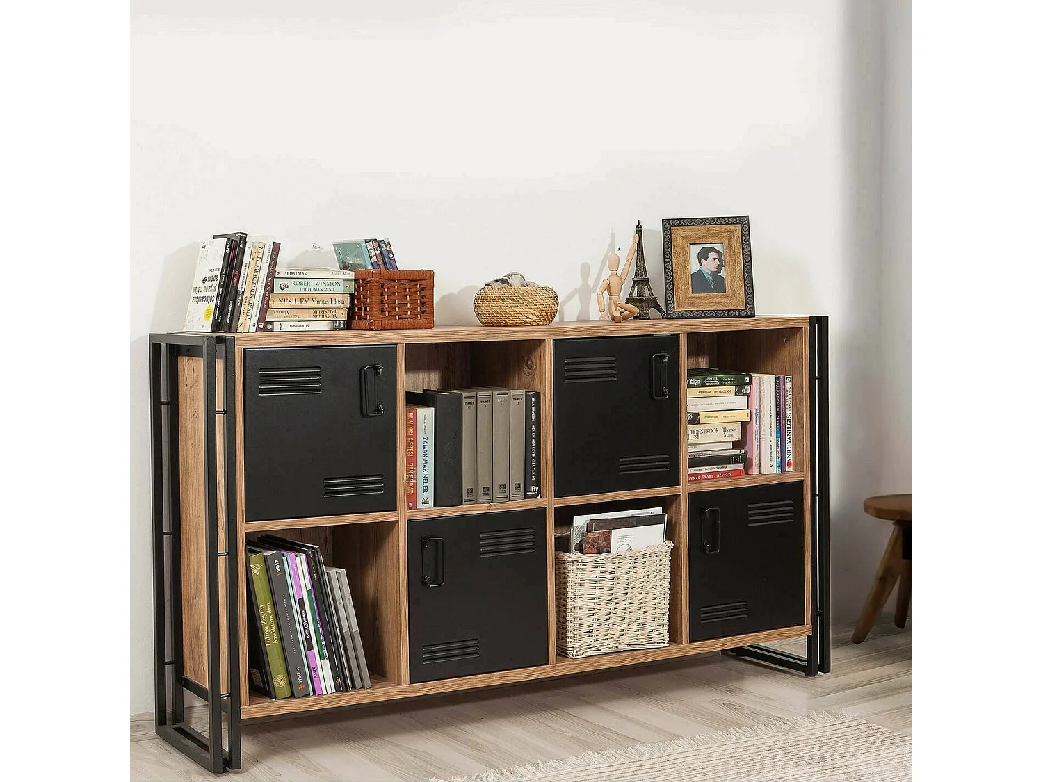 Buffet Altirk, Buffet du salon, Commode de salon, Garde-manger de cuisine, 164x35h89 cm, Chêne et Noir