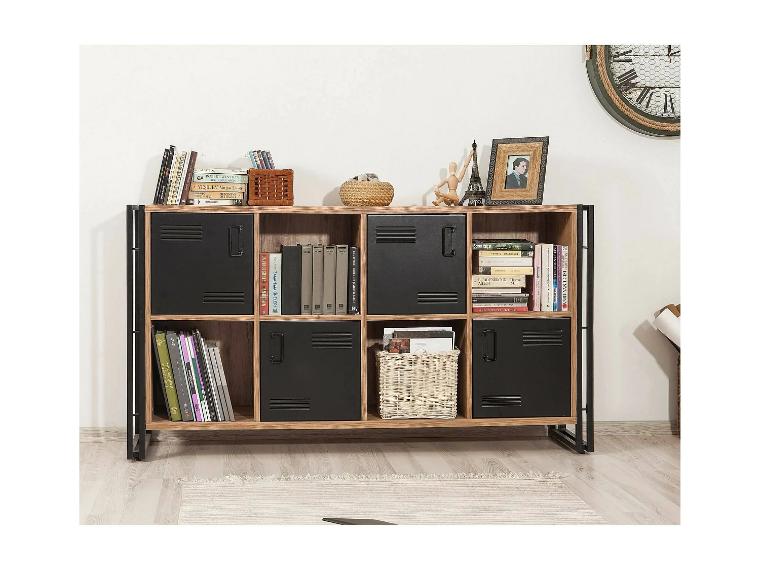 Buffet Altirk, Buffet du salon, Commode de salon, Garde-manger de cuisine, 164x35h89 cm, Chêne et Noir