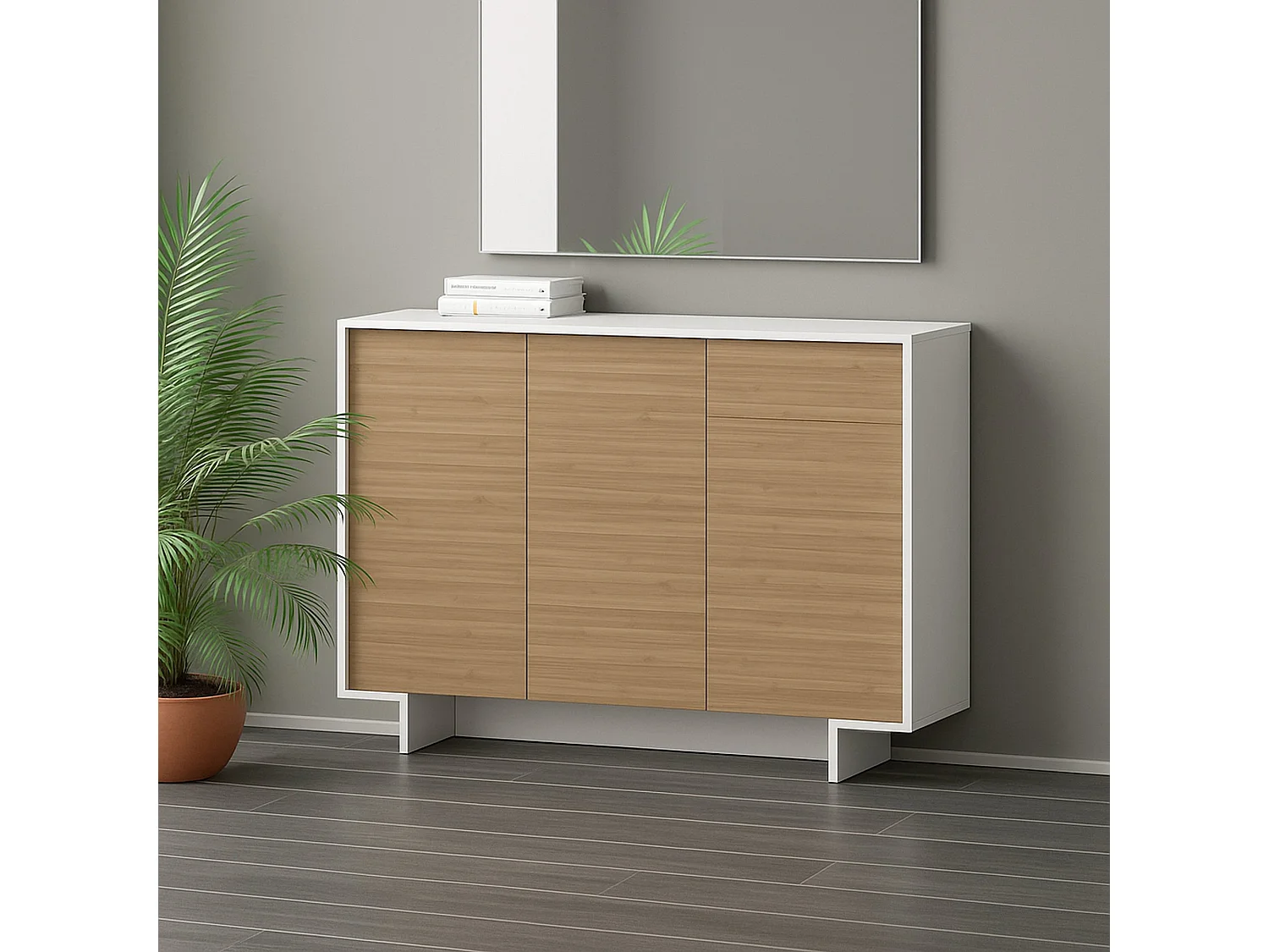 Buffet Aneto, Buffet de salon, Buffet de salon avec 3 portes et 1 tiroir, 100% Made in Italy, 134x35h87 cm, Blanc et Chêne
