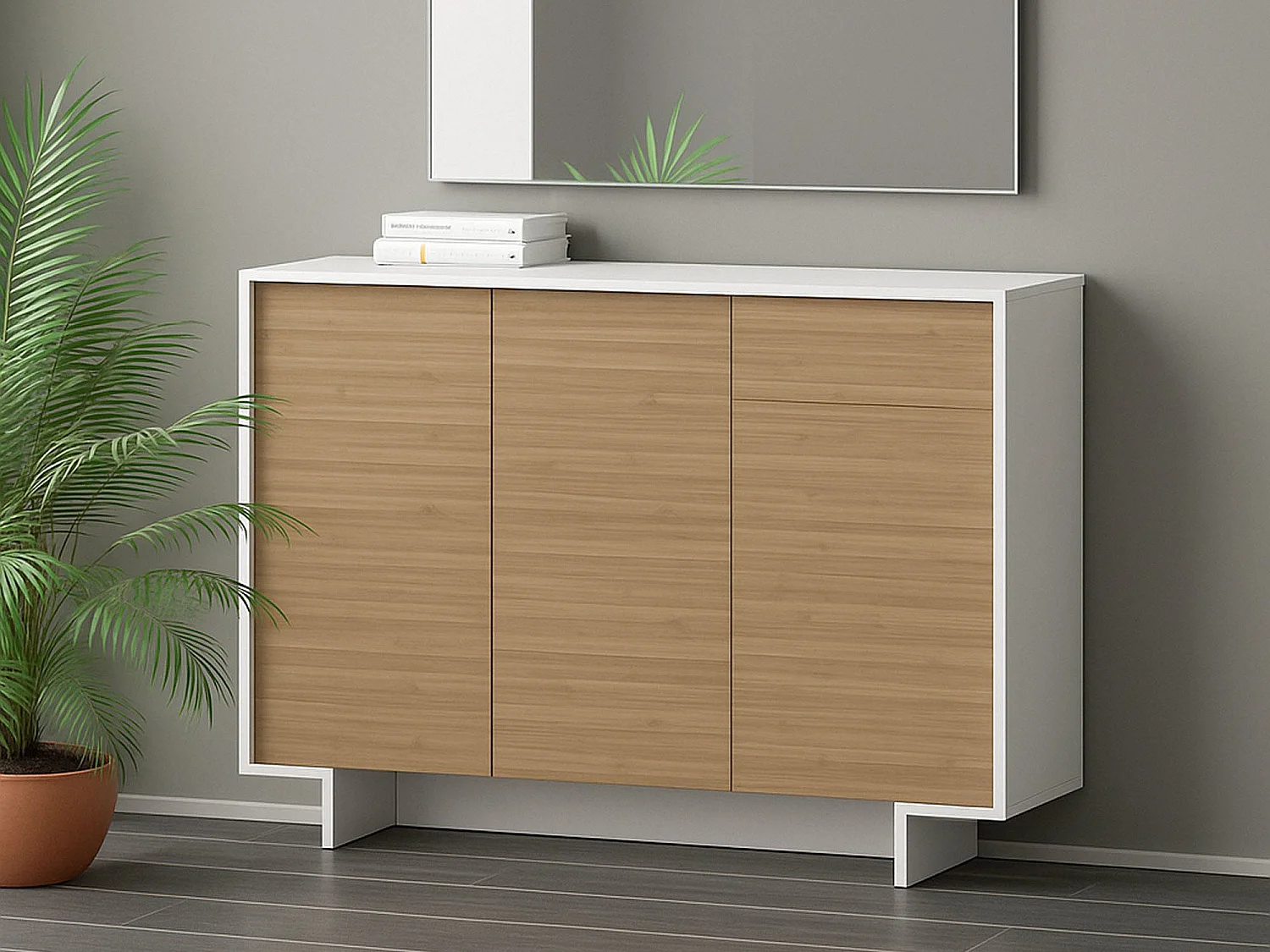 Buffet Aneto, Buffet de salon, Buffet de salon avec 3 portes et 1 tiroir, 100% Made in Italy, 134x35h87 cm, Blanc et Chêne