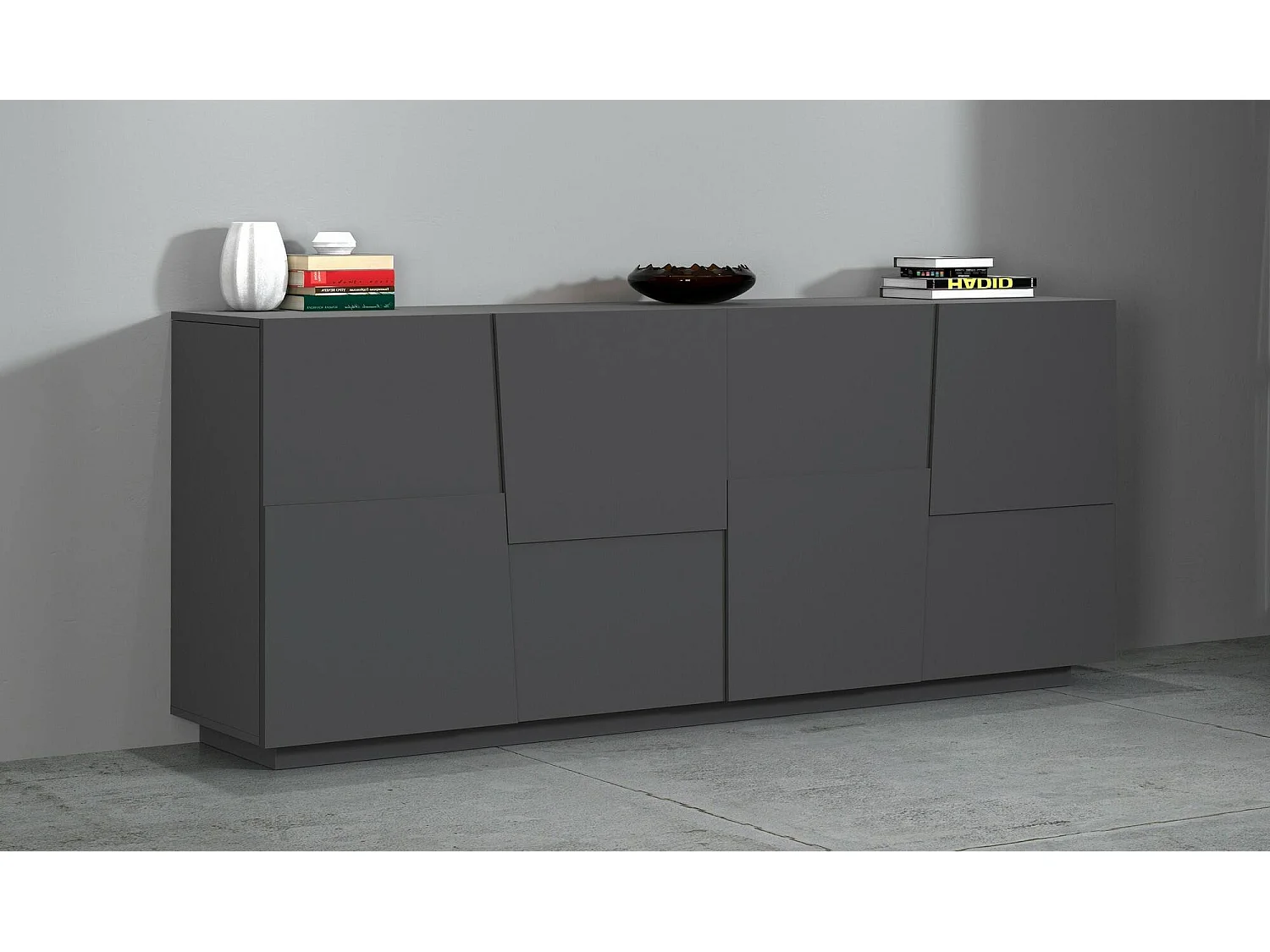Buffet Yago, Buffet de salon, Buffet de salon moderne avec 4 portes, 200x44h86 cm, Anthracite